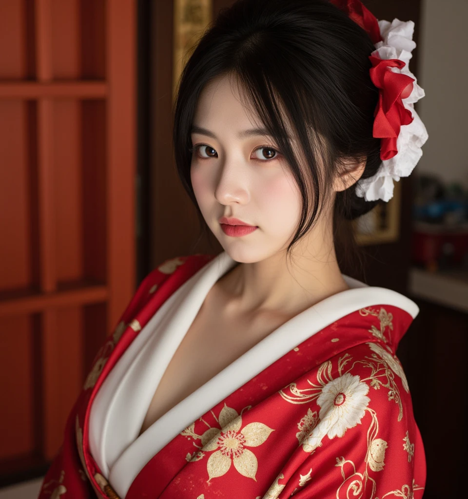 best quality,ultra-detailed,high resolution,extremely detailed CG,perfect anatomy,detailed,cinematic lighting,beautiful detailed eyes,ultra high res,1girl,15years old,gleaming skin,oil skin,sweat,humid,trembling,strong light coming in,spot lighting,bright,revealing,(sharp eye:1.2),(scowl:1.1),(stare at viewer with stern eyes:1.5),(bitting own lip:1.1),(angry:0.9),nose blush,(shamefull:1.2), surprised, (embarrassed,blush:1.3),nsfw,(ecstasy:1.3) ,(slut:1.2),(vulgarity:1.3),(fucked silly:1.1),(steam:1.1),(wet:0.8),(trembling:0.8),(tears:0.7) ,(drooling:0.6),(sweat:0.8),(pov:1.2),(nsfw:1.2),(kimono:1.7),(Young:1.2),Japanese,(cowboy shot:1.5),(bed:1.2),large breasts,(Random Hairstyles:1.2)