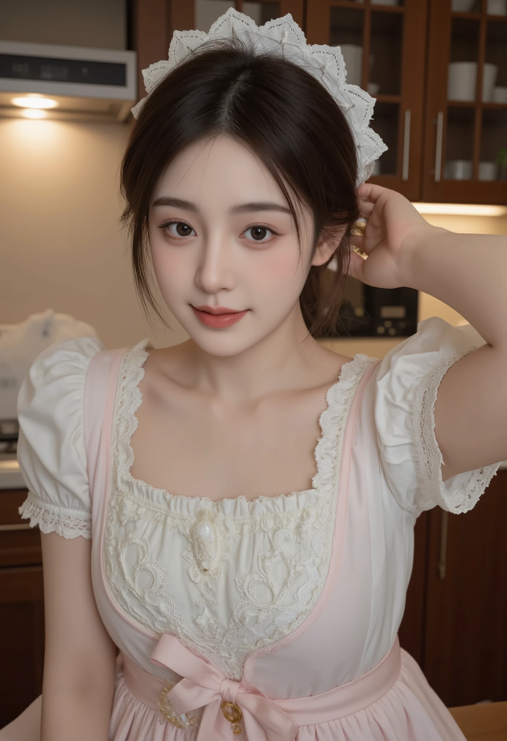 (8k, best quality, masterpiece: 1.2), (realistic, realistic, photorealistic: 1.37), 1 girl, hyper detail, beautiful detail eyes, beautiful detail nose, (((1girl))), Lolita dress, 7 minutes, kitchen, smile,