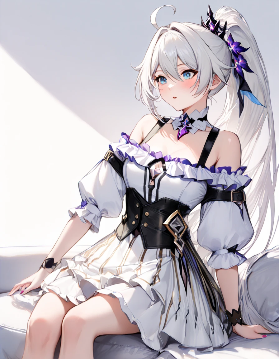 masterpiece, best quality, ((pure white background)), 1girl, solo, kiana kaslana \(honkai impact 3rd\), herrscher of finality, white hair, ahoge, ponytail, very long hair, blue eyes, (stylish modern outfit:1.4), (off-shoulder white blouse:1.5) with (puffed sleeves:1.4) and a (ruffled neckline:1.3), (black buttoned suspender dress:1.5) with a fitted bodice and contrast stitching, (metal buckles:1.3) on shoulder straps, (gold-tone buttons:1.3) running down the front, casual yet elegant, feminine, minimalist, clean lines, soft fabric texture, polished appearance, fashionable, chic, youthful, sit on a sofa