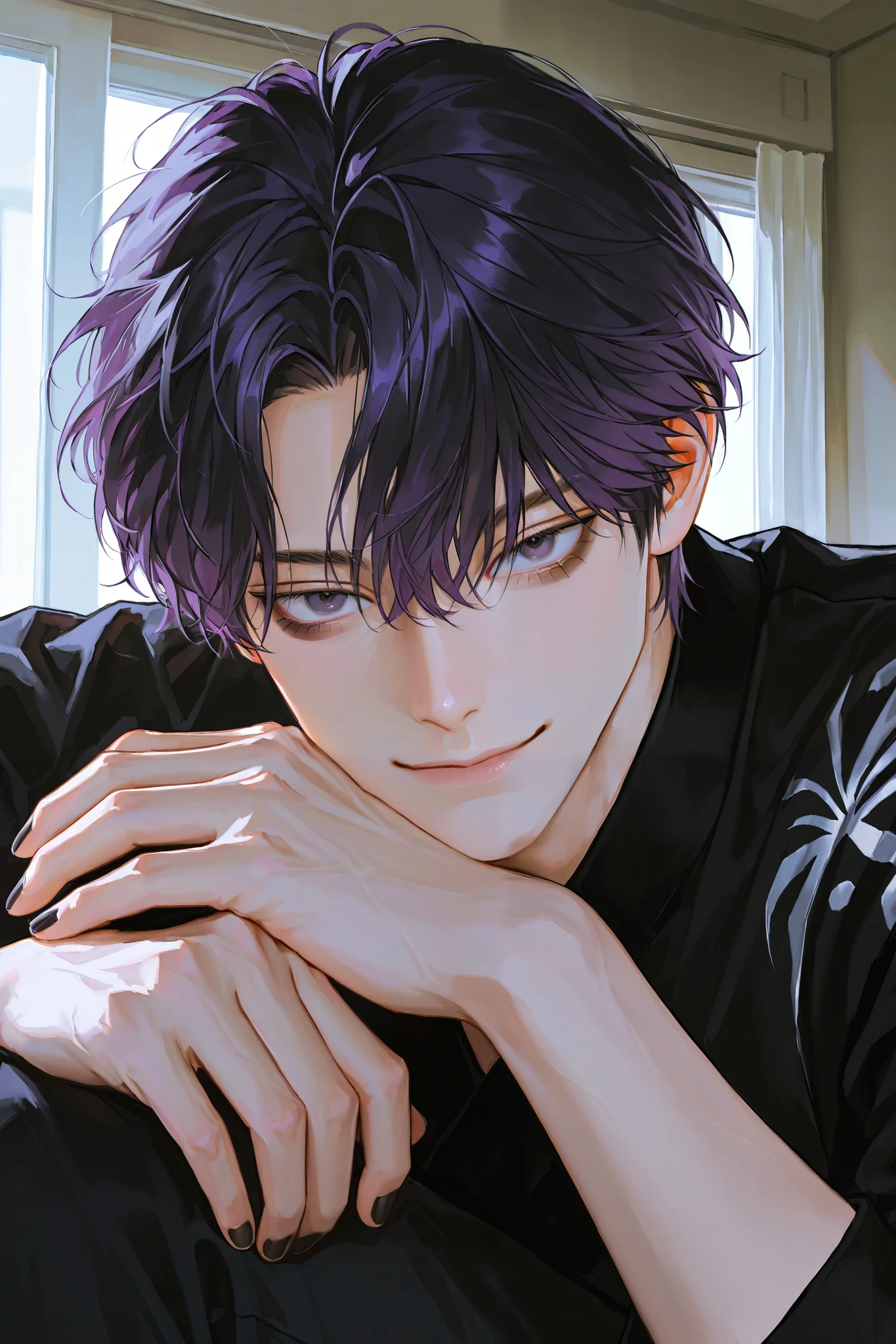 Mature male, handsome, lying, messy black hair, 1 man, dark circles under eyes, short hair, dark purple hair, male focus, handsome man, sly smile, thickly painted, black nail polish, Korean comic style, semi-realistic art , semi-realistic art style, expressive brushstrokes, vibrant brushstrokes, impressionistic painting, realistic skin, realistic hair, realistic details, photo-realistic, high details, natural curly hair