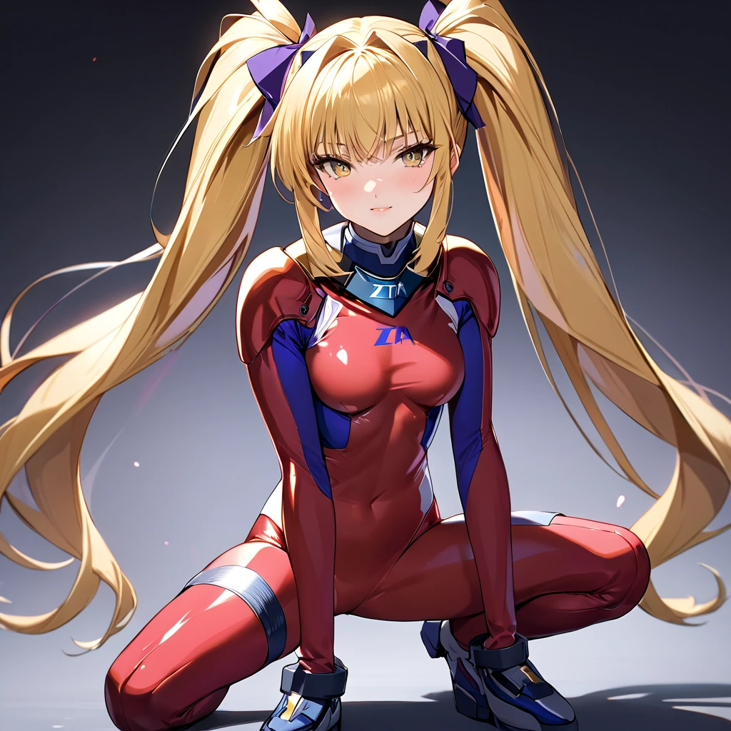 (( top quality )), ((masterpiece)), ( Details), （perfect face）、Zeta, a blonde fighter with twin tails, wears a full-body number suit and pledges loyalty to her master