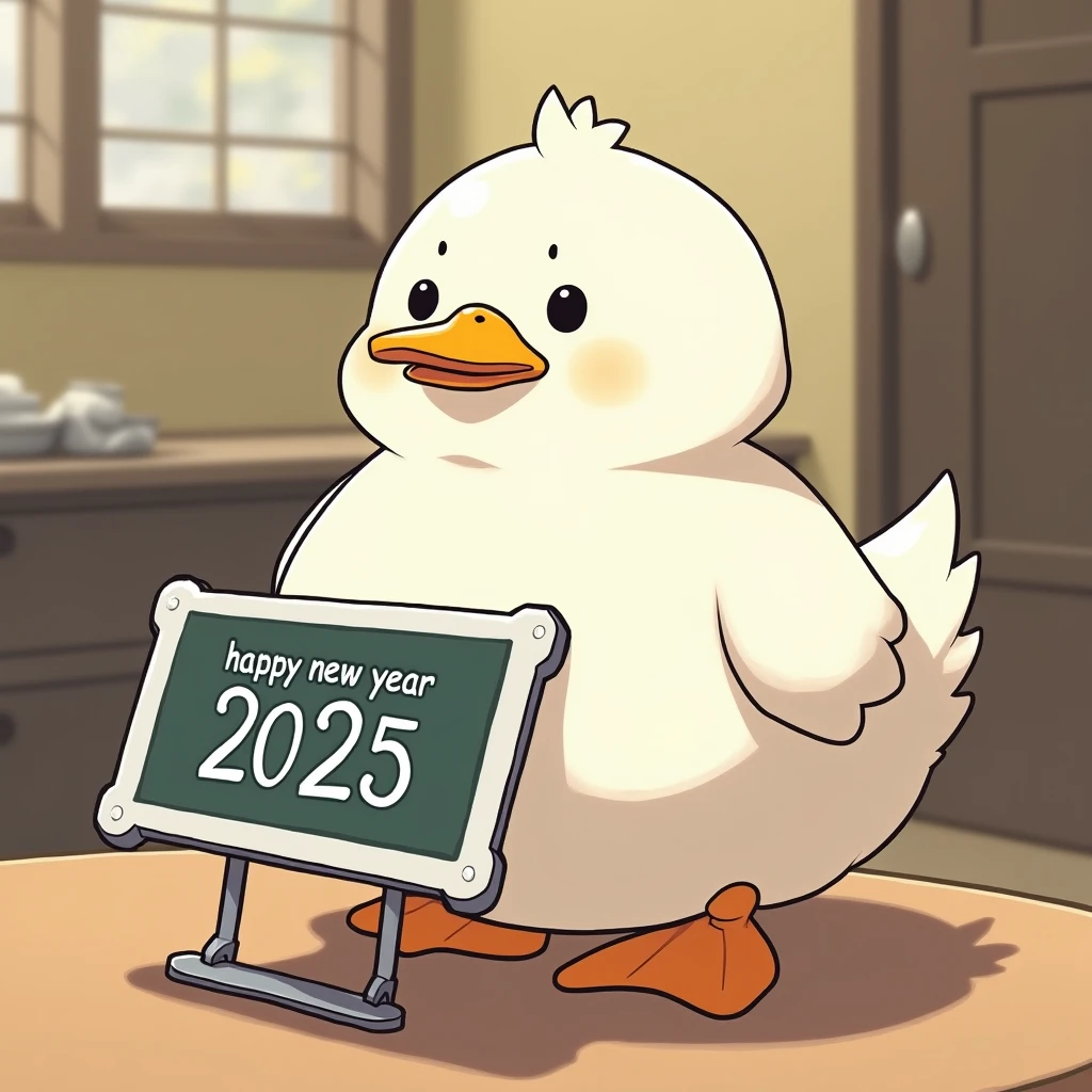 The tablet screen says "Happy New Year 2025", a plump white duck turned into a tablet stand, with a displeased expression, manga anime illustration art,  ultra detailed, absolutely resolution, masterpiece