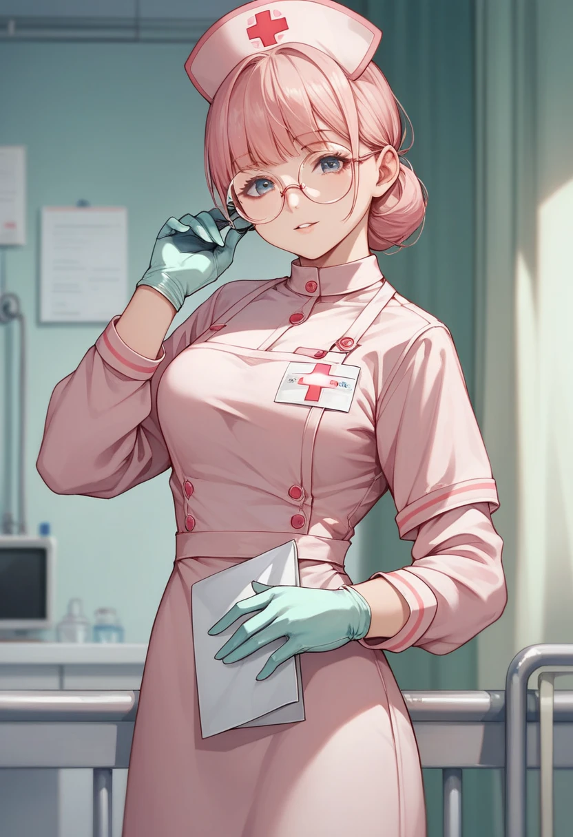 1 female, alone, nurse, nurse cap, Whiteware, ((white legwear, zettai ryouiki)), white gloves, pink hair, green eyes, droopy eyes, pink lips, smile, Are standing, ((hospital room)), sharp outline, short sleeve, mature woman, 32 years old, highest quality, masterpiece