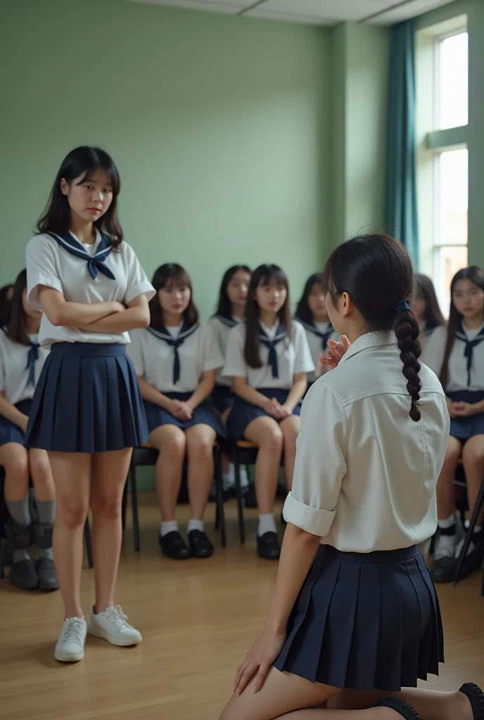 A girl in a white dress stands in a classroom, girl in white dress dancing,she is dancing, Stand in the classroom, Fine face，long whitr hair，Black leather shoes and white socks，perfect bodies