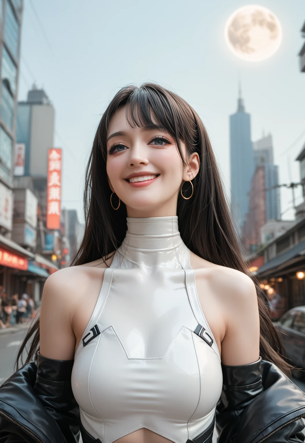     cinematic angle、 Face from directly above close-up   、   upper body bust up 1 person girl 18 year old black hair long straight hair、 smile white high neck leotard   、  black tights、   thigh-length boots 、Opera Gloves、　  cyberpunk、Big full moon in the center