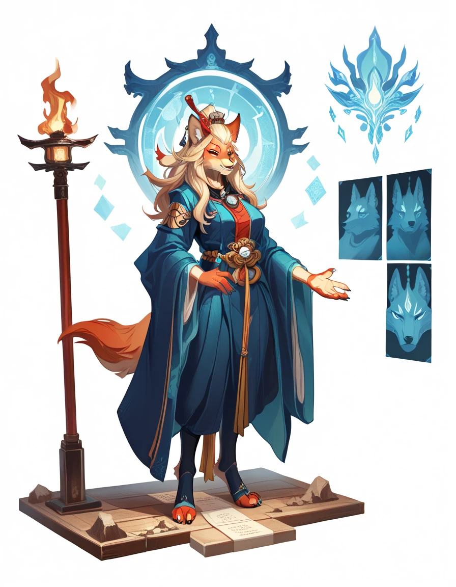 furry, (((1girl, woman, female))), ((masterpiece)),(((best quality))),(character design sheet, same character, ),best quality, masterpiece, ultra high resolution (lifelike: 1.4), original photo, 1 girl,  Digital Art、Poster Design、Onmyoji、The white wolf that controls the flames glowing skin, faint smile, kemono, anthro, character sheet, white background,