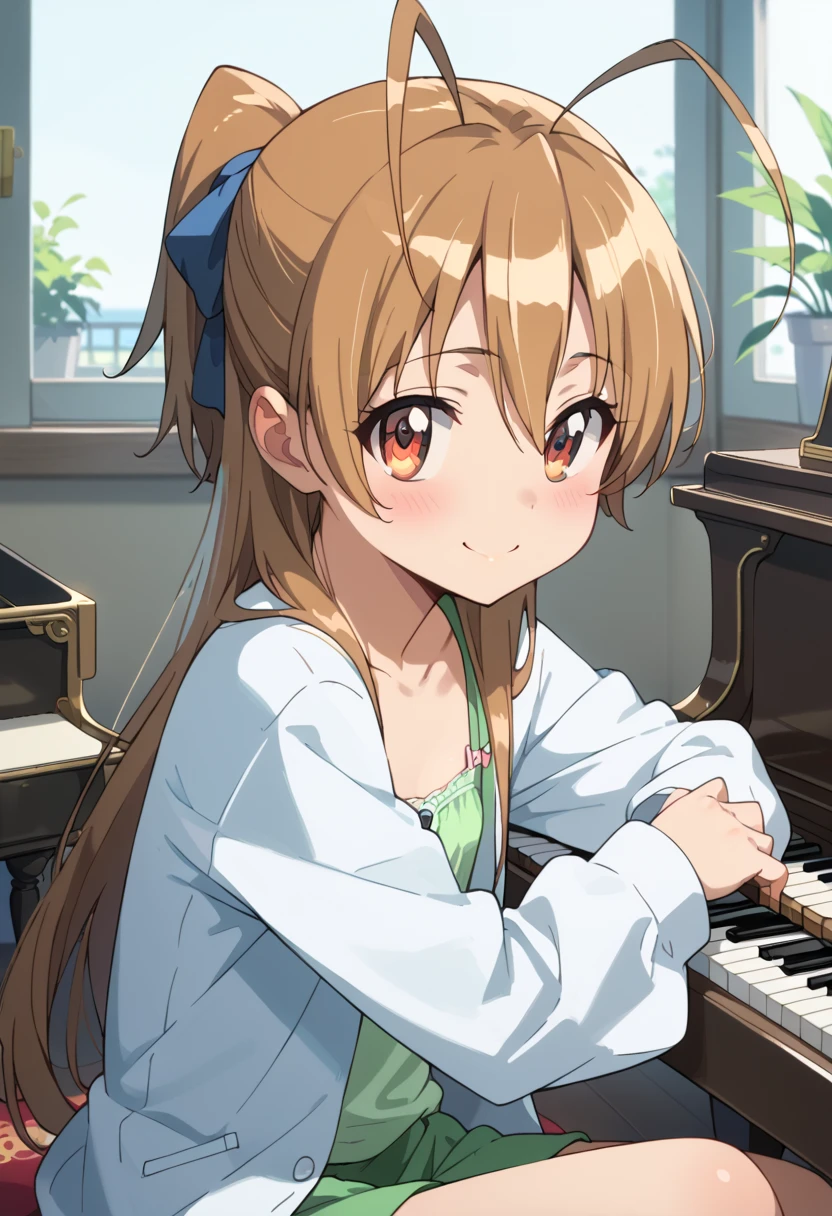 (( top quality )), ((masterpiece)), (be familiar with), perfect face, indoor, bedroom,  Watching Viewers ,
One woman, Miyamoto Rei,
開いた口,  ecstatic expression beside the piano, blush, smile,
 small ,  flat chest, Young girl, Lori,  ,  girl,
 long hair,  Ponytail,
Leg spread,