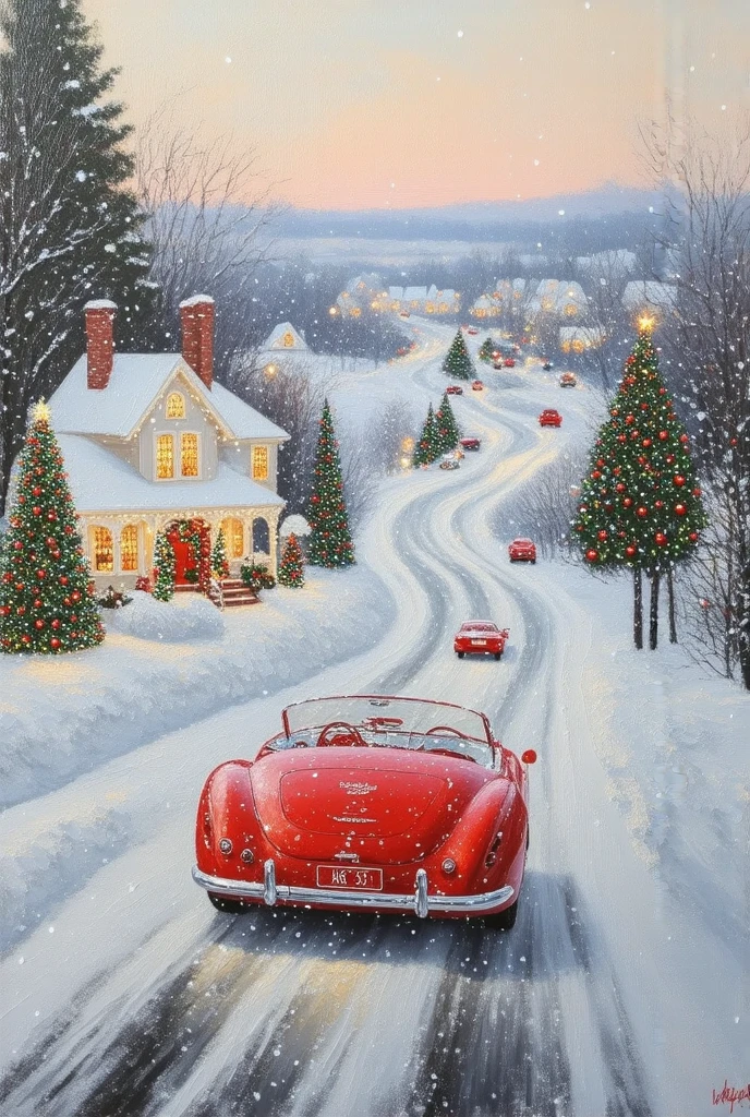 A painting of a red car driving on a snowy road in a small town,  Christmas，Christmas tree，house，Colleges are in full swing