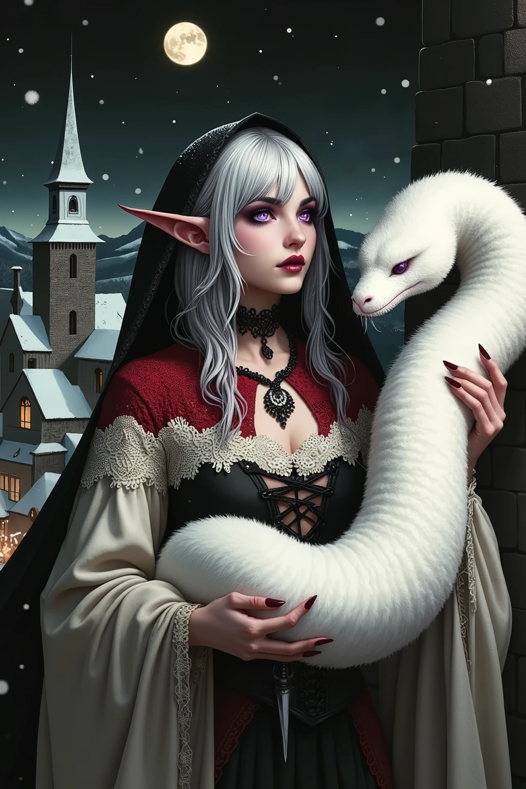 (Ultra-detailed face, Looking away, Gothic Illustration. Dark tone colors.), BREAK 
(The bitterly cold winter sky with the black moon rising. A black building in the style of a medieval German monastery clock tower. A viewpoint looking down on the medieval town celebrating the New Year from above the spire. Snow falling.), BREAK 
(A female dark elf artificer looks down on the city from beside a bell larger than a man's back on the roof of the clock tower's steeple. She is holding a large, white, fluffy stuffed white snake.), BREAK 
(She has white hair and eyebrows, very long messy hair that flutters in the strong wind, lavender eyes, small pink lips, dark purple skin, and dark, thick eyeliner.), BREAK 
(She wears a black choker, a traditional medieval-style corset and tunic with crimson lace, and a jet-black lace-up dress. A silver dagger is inserted in the sash at her waist. She wears braided sandals with black laces.)