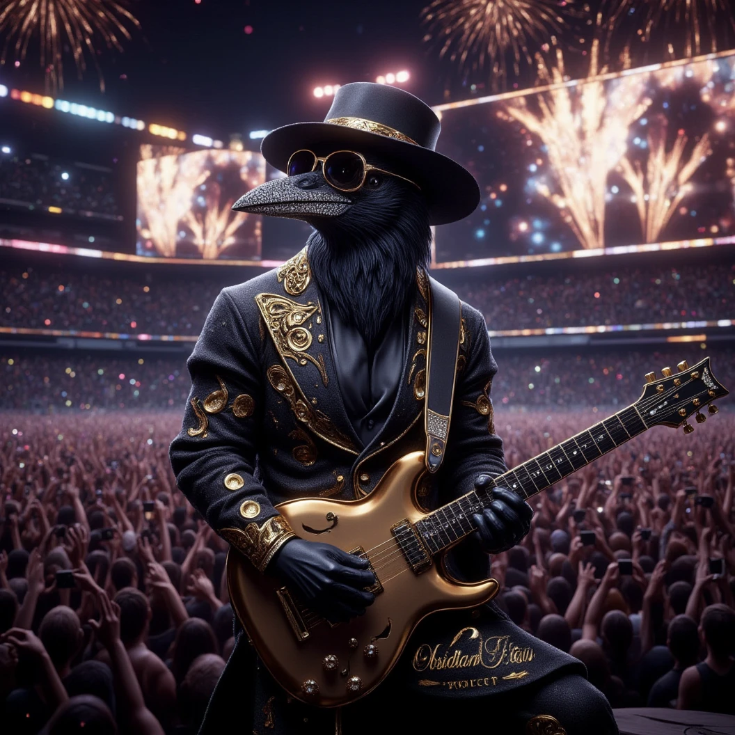 Muscular Anthropomorphic raven donned in intricate black suit with gold trim made of diamonds and a black diamond fedora. Diamonds cover his beak. Dynamically singing and guitar playing. Wears large sunglasses. Obsidian, the lead singer and guitarist of the "Obsidian Flow Project", printed on the bass drum. Dynamically sings to a retro style microphone while dynamically playing his guitar. Spotlight on him. Behind the open air stage, large neon sign and jumbotrons Fireworks burst. New Years Eve stadium concert, with a huge crowd cheering at him, take pictures of obsidian and reacjing for him to touch him, facing him, their hands in the air as they scream in excitement. Crowd is facing Obsidian as he plays. Huge jumbotron shows him performing. Dynamic blues band scene, dynamic pose, High Resolution, Masterpiece, Cinematic, Character Design, Hyperdetailed, Cinematography,  cinematic lighting, Depth Of Field, Sparkle, Ray Tracing, Image Fill, Realistic posing