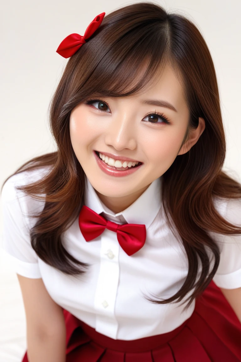 a photorealistic close up of a 21 year old Japanese-Korean female in a red skirt and white shirt with red bow tie, long brown hair, attractive, beautiful, cute, feeling joyful