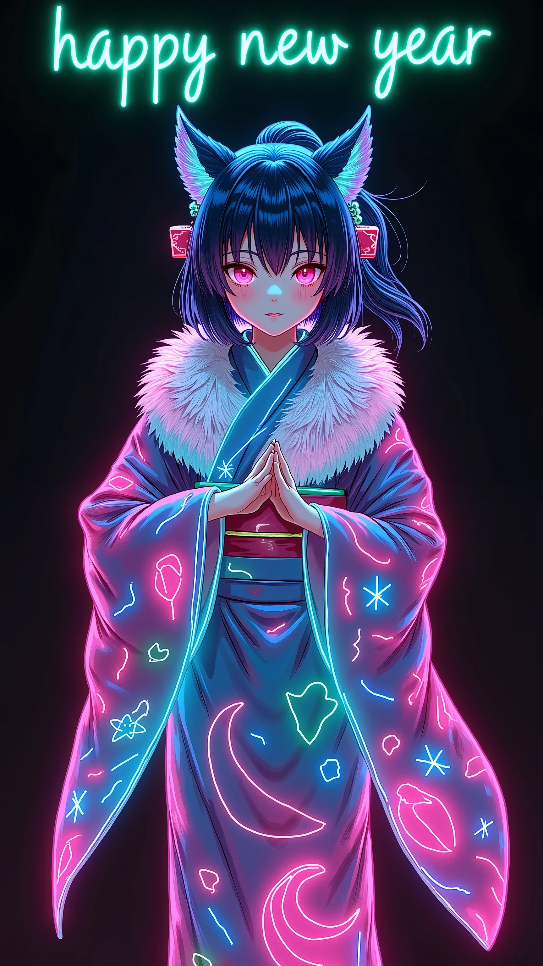 (illumination glow line art style, shot from above, a girl, solo, (kemono style dancer, beautiful kemono face, illumination real fur skin, wearing Japanese colorful kimono, wearing absolute glow fur around neck)), ((overlay, insert text “2025 happy new year,”) written by green neon pen),