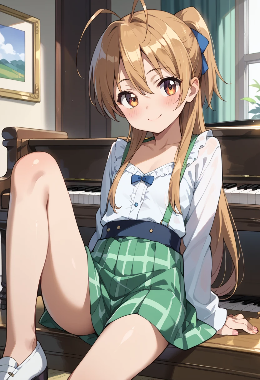 (( top quality )), ((masterpiece)), (be familiar with), perfect face, indoor, bedroom,  Watching Viewers ,
One woman, Miyamoto Rei,
開いた口,  ecstatic expression beside the piano, blush, smile,
 small ,  flat chest, Young girl, Lori,  kids,  girl,
 long hair,  Ponytail,
Leg spread,