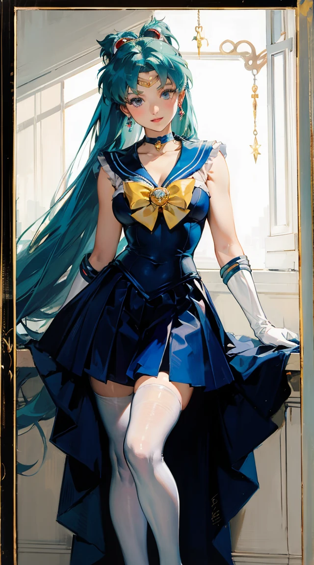 1 girl, Hatsune Miku, big , ((Bishoujo Senshi Sailor Moon costume)), miniskirt, long gloves, inside the room, white stockings, beautiful eyes, ultimate physical beauty, top quality,
