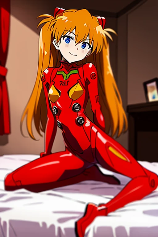 (( top quality )), ((masterpiece)), (be familiar with), perfect face, indoor, bedroom,  Watching Viewers ,
One woman,  Soryu Asuka Langley ,
開いた口,  ecstatic expression beside the piano, blush, smile,
 small tits,  flat chest, Young girl, Lori,  s,  girl,
 long hair,  twin tails,
Leg spread,