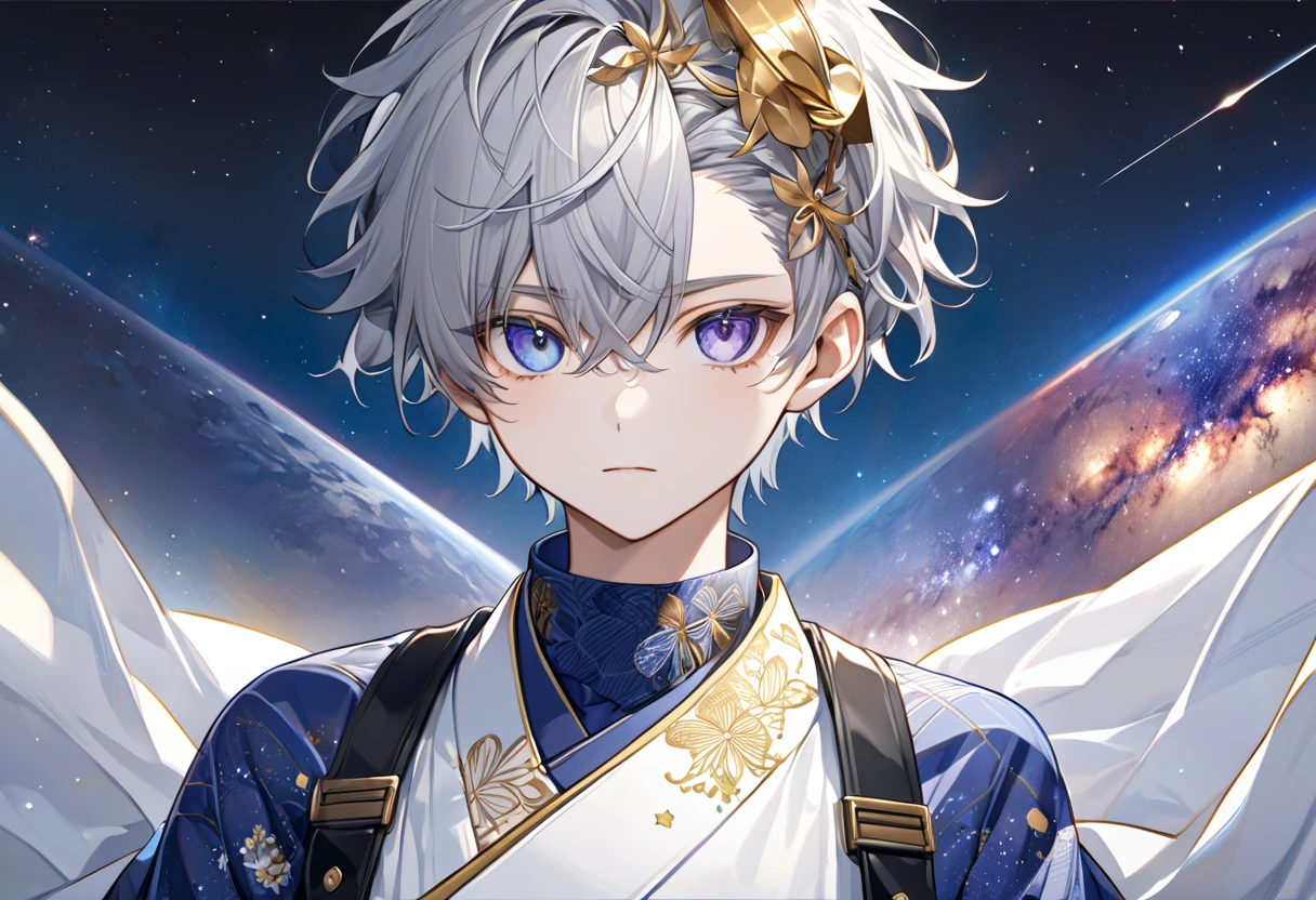  fresh illustration ,
Superfine painting,
 very delicate illustration ,
 Very fine details ,
Picture of only one boy ,
Height: 158cm,
 white skin,
complete iris heterochromia where the right eye is purple and the left eye is blue,
 beautiful eyes,
 large black pupils ,
 shorthair ,
Gray Hair,
 hair roots are bluish ,
 hair has gradation ,
 shiny hair with makeup,
Beautiful and cute face,
 since age 27,
There is a small shiny rear wheel on top of my head,
 raised eyebrows ,
 and is wearing a kimono on the upper body in kimono,
Masculine physique,
 six pack,
 Super Skinny,
No boobs,
The color of the belt is black ,
Overall white clothes ,
 tastefully embroidered with gold thread ,
 fine fabric clothing ,
Isometric,
Golden Ratio,
god々 like atmosphere,
 wearing blue colored padded collar innerwear ,
 outer space ,
Milky Way,
Little Star々 upper body ,
 tactical use of shadows ,
 The ring on the head does not extend beyond the angle of view,
Hair doesn't stick out of the angle of view ,
 Bust Shots,