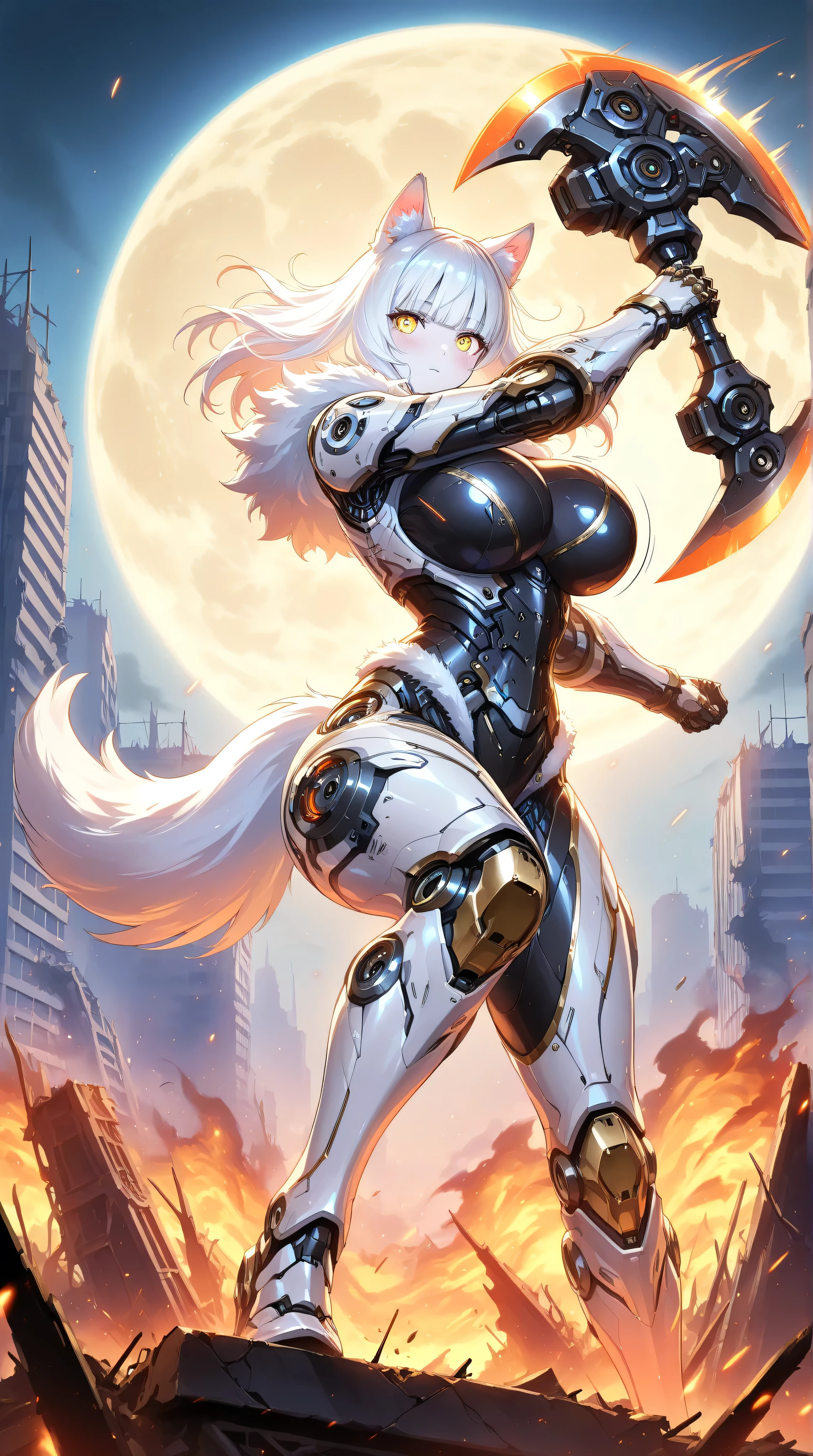 masterpiece,best quality,official art,extremely detailed CG unity 8k wallpaper,extremely detailed background, fantasy art, intricate details, (Sci-fi style), (Mechanical style),nsfw,nude,1girl,huge_breasts,Mechanical body,mechanical parts,mecha corset,robot joints,mechanical arms,(whole body),thick thighs,lustrous skin,shiny skin,pale skin
(white mastiff armor),(white fur trim),gold trim,(white intricate mechanical bodysuit),white Functional clothing,dog ears,dog tail
outdoor,building_ruins,burning city,black night,full moon
expressionless,blush,standing,Wielding a axe,fighting stance,cleaving,incoming cleave,incoming attack,dynamic angle,speed line,motion lines,bouncing-breasts,unaligned-breasts
yellow eyes,detailed beautiful eyes,finely detailed eyes
(white hair,crew cut,blunt_bangs,hair_between_eyes,reflective hair, 