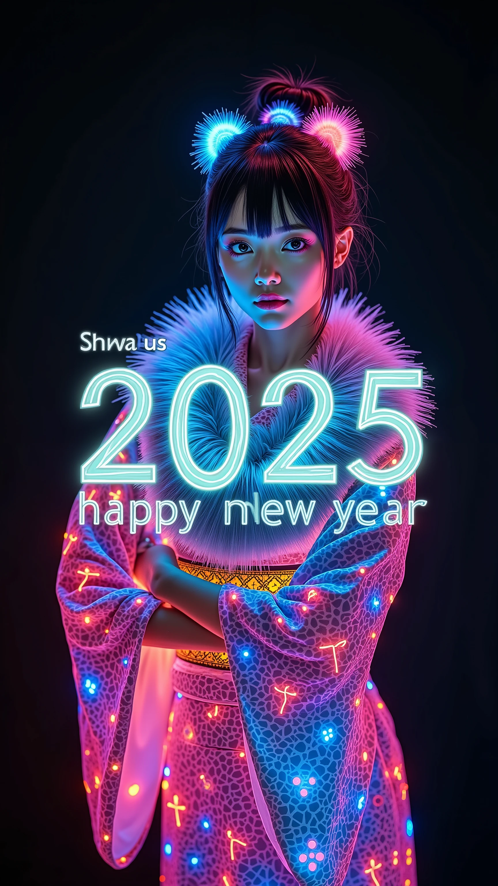 (illumination glow line art style, shot from above, a girl, solo, (kemono style dancer, beautiful kemono face, illumination real fur skin, wearing Japanese colorful kimono, wearing absolute glow fur around neck)), ((overlay, insert text “2025 happy new year,”) written by green neon pen),