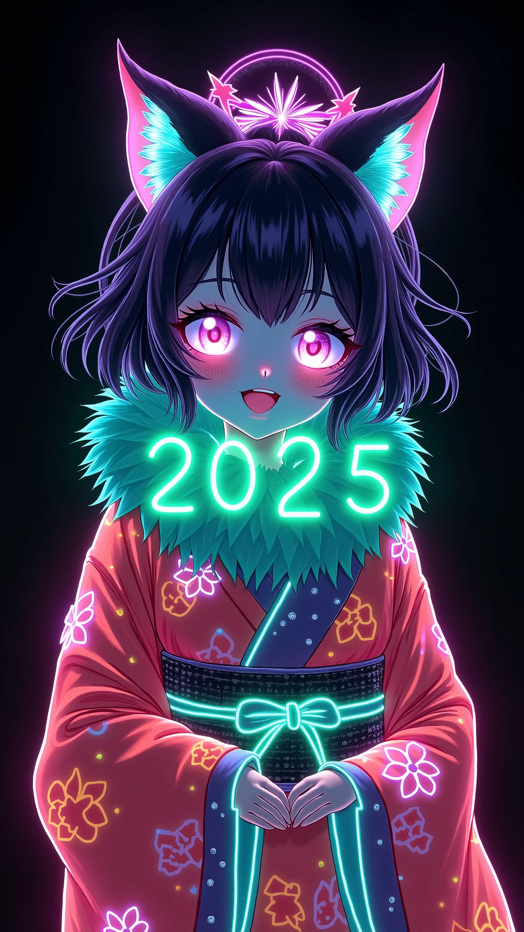 (illumination glow line art style, shot from above, a girl, solo, (kemono style dancer, beautiful kemono face, illumination real fur skin, wearing Japanese colorful kimono, wearing absolute glow fur around neck)), ((overlay, insert text “2025 happy new year,”) written by green neon pen),