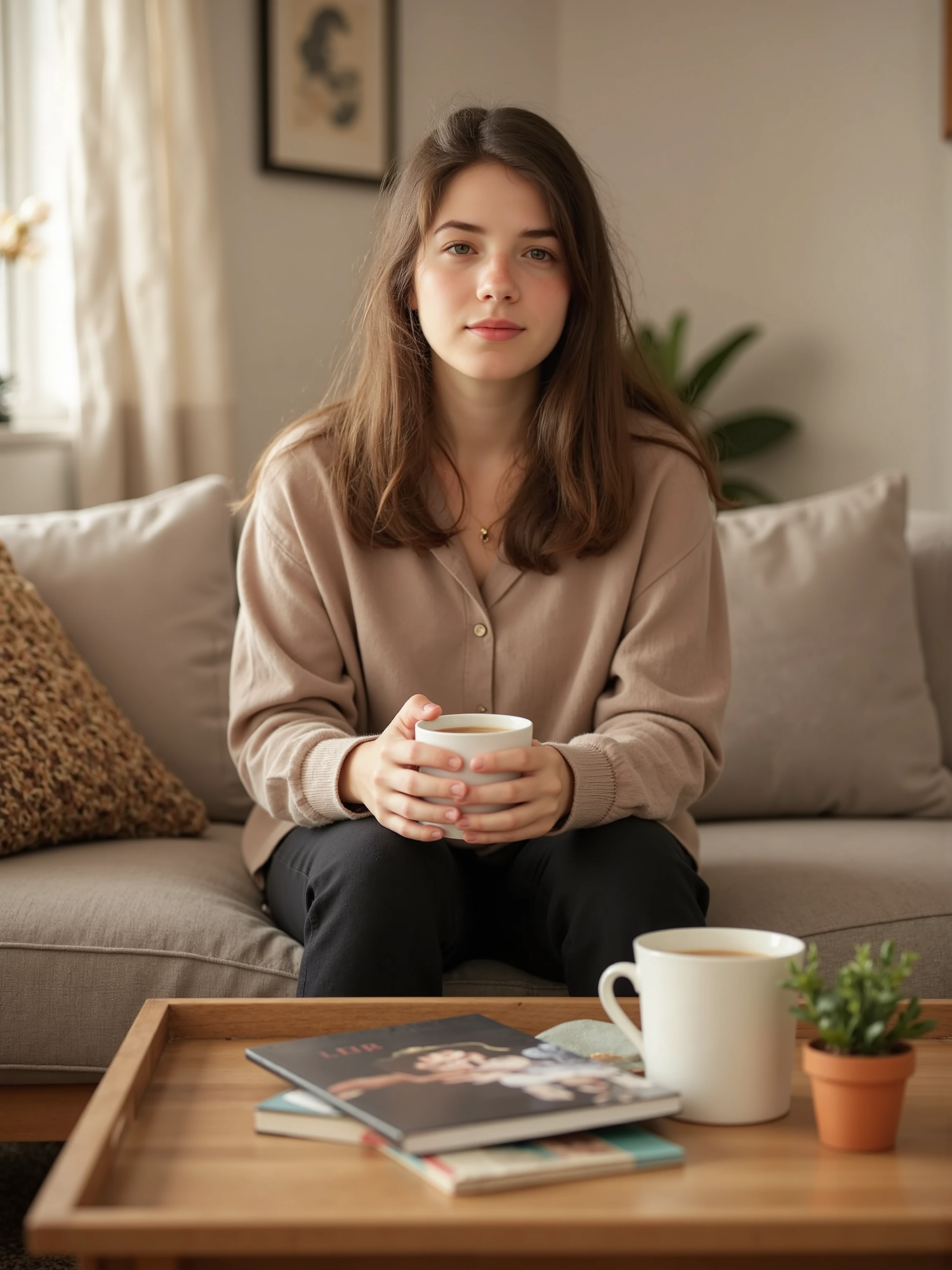 A serene scene: a long-haired young woman sits at a coffee table in a medium shot, bathed in soft natural light filtering through the window. She relaxes, cradling her cup of coffee, hair flowing down her shoulders. A book and small plant adorn the table, creating a cosy atmosphere. The warm minimalist living room features soft textures and neutral tones in the background. The composition focuses on her peaceful expression and intimate setting, with a shallow depth of field blurring the background slightly. Her photorealistic face, with detailed skin pores, eyes, mouth, and body, exudes tranquillity.