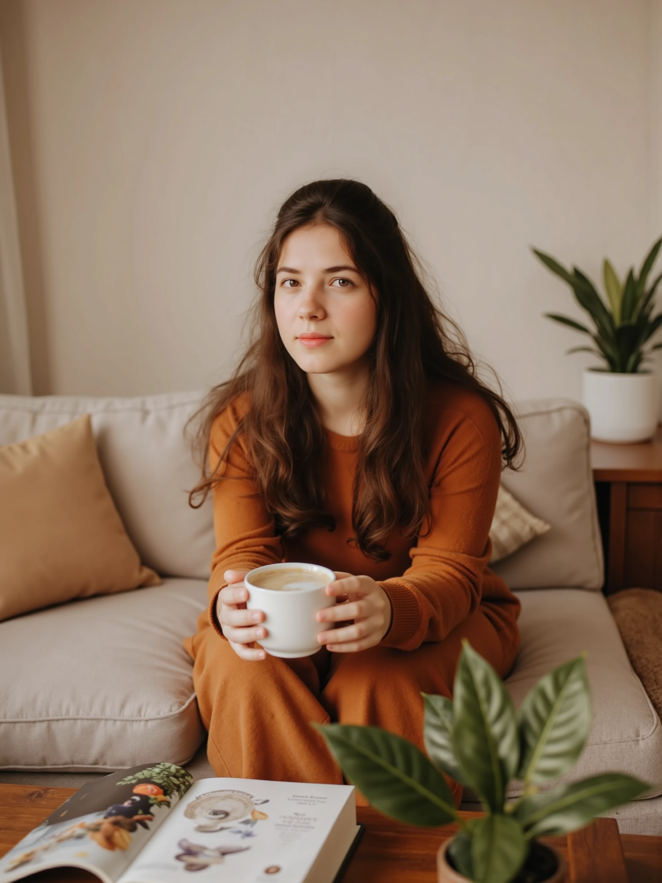 A serene scene: a long-haired young woman sits at a coffee table in a medium shot, bathed in soft natural light filtering through the window. She relaxes, cradling her cup of coffee, hair flowing down her shoulders. A book and small plant adorn the table, creating a cosy atmosphere. The warm minimalist living room features soft textures and neutral tones in the background. The composition focuses on her peaceful expression and intimate setting, with a shallow depth of field blurring the background slightly. Her photorealistic face, with detailed skin pores, eyes, mouth, and body, exudes tranquillity.