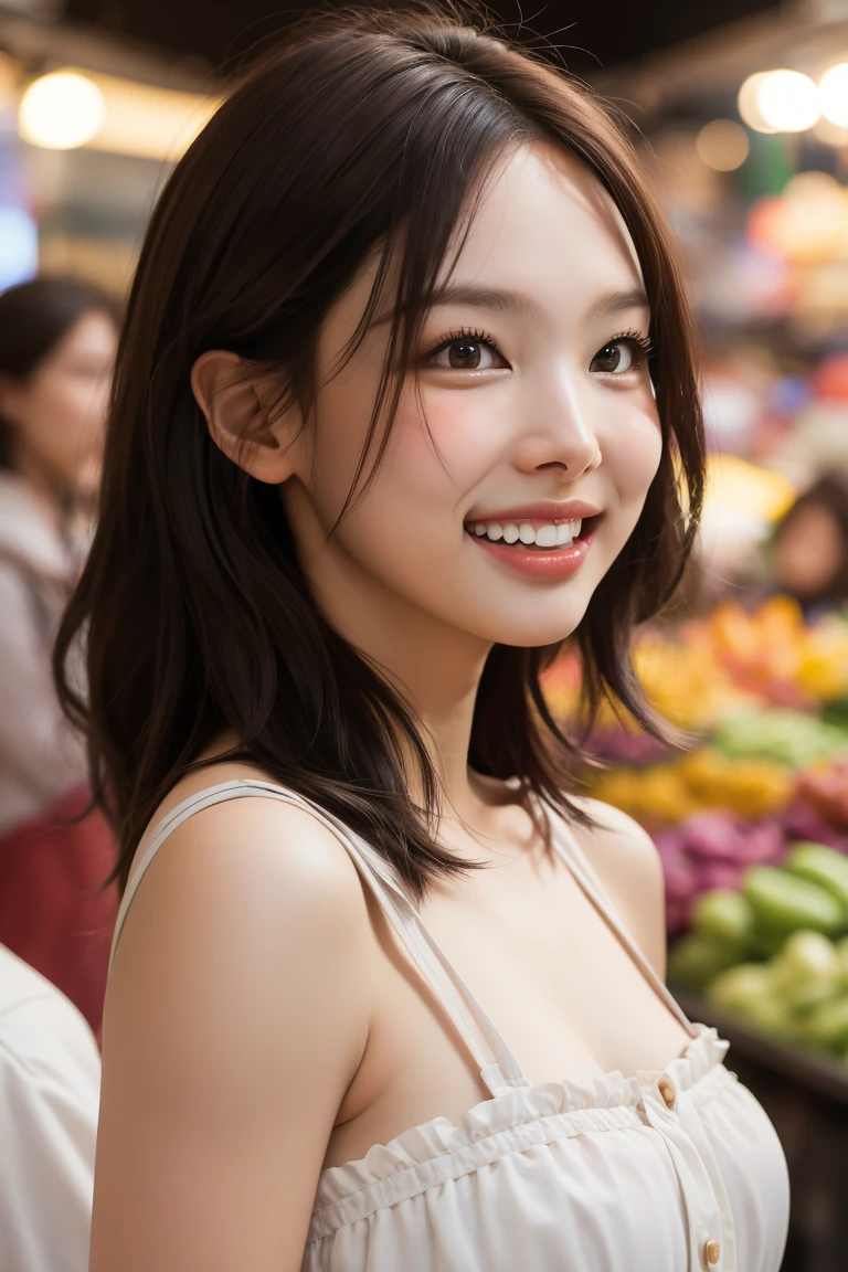 masterpiece, best quality, ultra-detailed, ultra high res, (photorealistic:1.4), raw photo, (realistic:0.2), 8k HDR, realistic lighting, looking at viewer, 1girl, solo, asymmetrical hair, outdoor, sky, (traditional market:1.2), bokeh, (detailed lips), (detailed pores), (detailed skin textures), (detailed face:1.2), (body:1.2), a woman portrait in a sundress, cowboy shot, smile, teeth, grin,