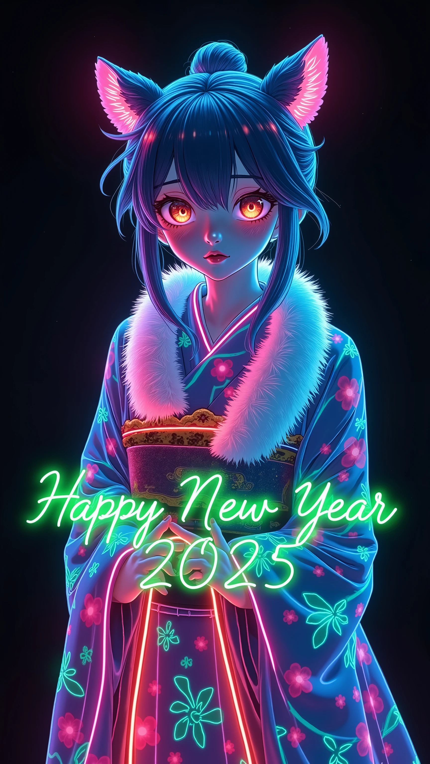 (illumination glow line art style, shot from above, a girl, Alone, (kemono style dancer, beautiful kemono face, illumination real fur skin, wearing Japanese colorful kimono, wearing absolute glow fur around neck)), ((overlay, Insert text “Happy New Year 2025,”) written by green neon pen),