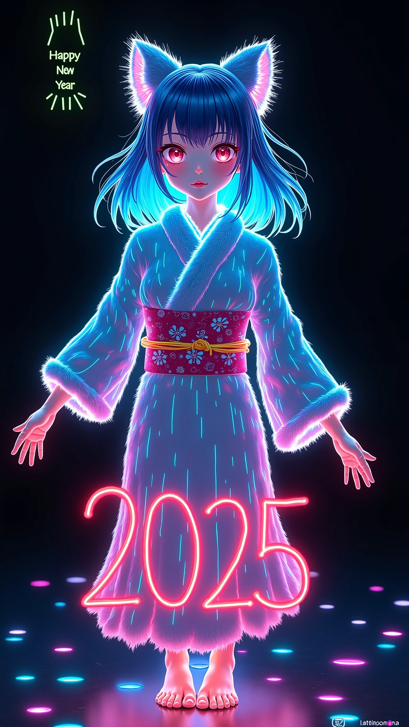 (illumination glow line art style, shot from above, a girl, Alone, (kemono style dancer, beautiful kemono face, illumination real fur skin, wearing Japanese colorful kimono, wearing absolute glow fur around neck)), ((overlay, Insert text “Happy New Year 2025,”) written by green neon pen),