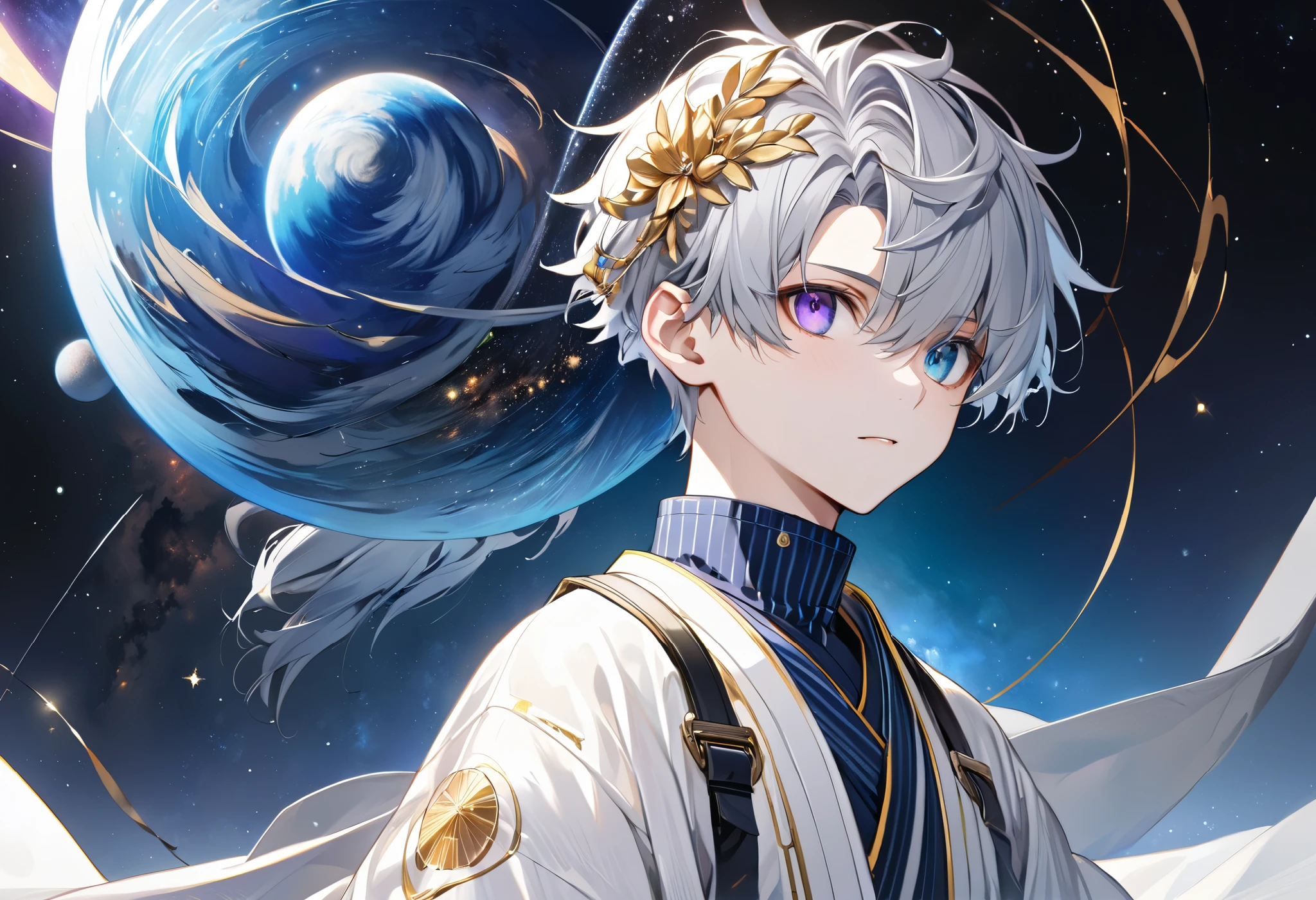  fresh illustration ,
Superfine painting,
 very delicate illustration ,
 Very fine details ,
Picture of only one boy ,
Height: 158cm,
 white skin,
complete iris heterochromia where the right eye is purple and the left eye is blue,
 beautiful eyes,
 large black pupils ,
 shorthair ,
Gray Hair,
 hair roots are bluish ,
 hair has gradation ,
 shiny hair with makeup,
Beautiful and cute face,
 since age 27,
There is a small shiny rear wheel on top of my head,
 raised eyebrows ,
 and is wearing a kimono on the upper body in kimono,
Masculine physique,
 six pack,
 Super Skinny,
No boobs,
The color of the belt is black ,
Overall white clothes ,
 tastefully embroidered with gold thread ,
 fine fabric clothing ,
Isometric,
Golden Ratio,
god々 like atmosphere,
 wearing blue colored padded collar innerwear ,
 outer space ,
Milky Way,
Little Star々 upper body ,
 tactical use of shadows ,
 The ring on the head does not extend beyond the angle of view,
Hair doesn't stick out of the angle of view ,
 Bust Shots,