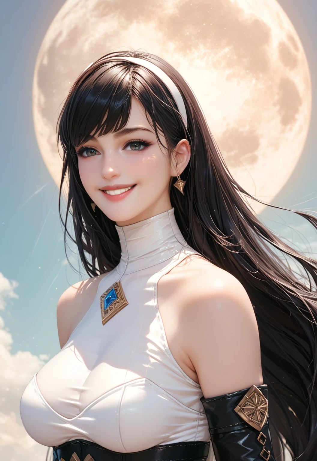  cinematic angle、Face close-up from directly above 、 upper body bust up 1 person girl 18 years old black hair long straight hair、 smile white high neck leotard 、  black tights、  thigh high boots、Opera Gloves、　 Space Colony、Big full moon in the center