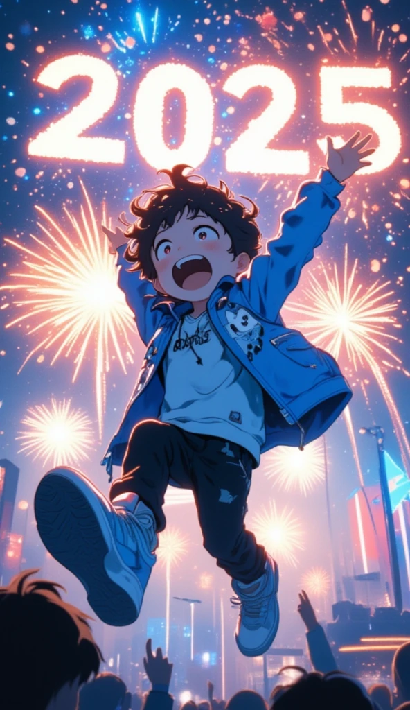 a chibi boy, big sneakers, excited, sporty jacket, jumps up, fireworks, crowd looking at boy, huge "2025" written in fireworks, "2025" written on jacket, low angle