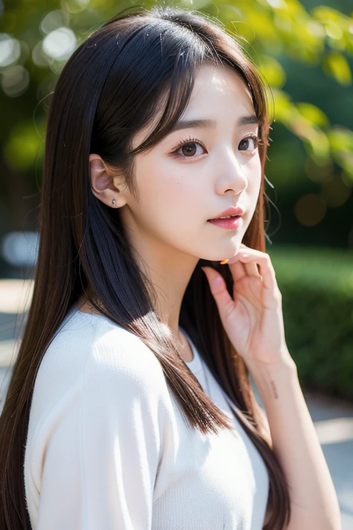 masterpiece, highest quality, 8k, 20th generation, Big Breasts, cute, alone, sad, cute, Girlish, cute、Delicate girl, Pure beauty,  RAW Photos, Professional photography, Portraiture, Soft Light, Professional Lighting, Backlight, Head to knee photo, avert your eyes, Sophisticated, Film Grain, (Round face、Young Face、Thin eyebrows、Thin lips:1.0), Floating Hair, beautiful, Flowing hair, bangs, White blouse、pastel cardigan、(Small breasts、Flat Chest)、You can see the chest a little、Micro Mini Skirt、Voluptuous thighs、dolly make、Heterochromia iridis、Left and right eyes are different colors、Midsummer sky、Cumulonimbuidsummer Beach