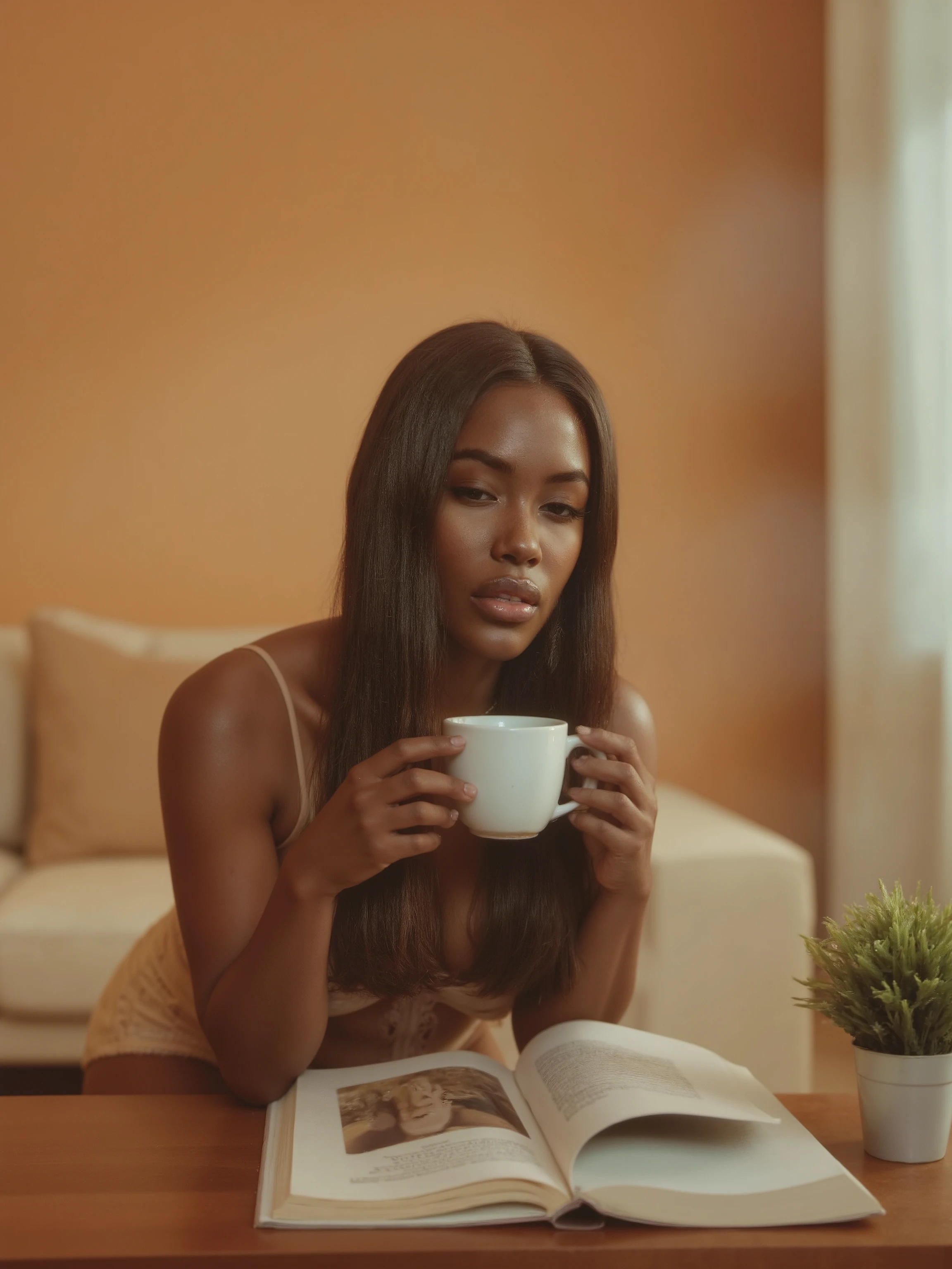 A serene scene: a long-haired young woman sits at a coffee table in a medium shot, bathed in soft natural light filtering through the window. She relaxes, cradling her cup of coffee, hair flowing down her shoulders. A book and small plant adorn the table, creating a cosy atmosphere. The warm minimalist living room features soft textures and neutral tones in the background. The composition focuses on her peaceful expression and intimate setting, with a shallow depth of field blurring the background slightly. Her photorealistic face, with detailed skin pores, eyes, mouth, and body, exudes tranquillity.