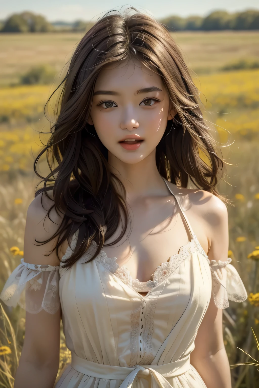 (((masterpiece, best quality:1.1))), high resolution, (ultra-detailed), 1girl ,light makeup, mature female, seductive, elegant, stylish, curvy, looking at viewer , (((waist length body))) , perfect body, beautiful woman, (beautiful detailed face:1.2), beautiful detailed eyes,((intricate detailed)), perfect hands, detailed fingers, mature female, boho maxi Dress, Loose waves with a flower crown , Bohemian mood and carefree theme, A sunlit field with wild flowers background, volumetric lighting, intricate details, sharp focus, hyper detailed, trending on Art station
