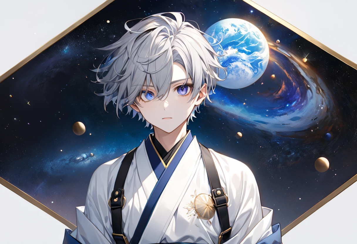  fresh illustration ,
Superfine painting,
 very delicate illustration ,
 Very fine details ,
Picture of only one boy ,
Height: 158cm,
 white skin,
complete iris heterochromia where the right eye is purple and the left eye is blue,
 beautiful eyes,
 large black pupils ,
 short hair,
Gray Hair,
 hair roots are bluish ,
 hair has gradation ,
 shiny hair with makeup,
Beautiful and cute face,
 since age 27,
There is a small shiny rear wheel on top of my head,
 raised eyebrows ,
 and is wearing a kimono on the upper body in kimono,
Masculine physique,
 six pack,
 Super Skinny,
No boobs,
The color of the belt is black ,
Overall white clothes ,
 tastefully embroidered with gold thread ,
 fine fabric clothing ,
Isometric,
Golden Ratio,
god々 like atmosphere,
 wearing blue colored padded collar innerwear ,
 outer space ,
Milky Way,
Little Star々 upper body ,
 tactical use of shadows ,
 The ring on the head does not extend beyond the angle of view,
Hair doesn't stick out of the angle of view ,
 Bust Shots,