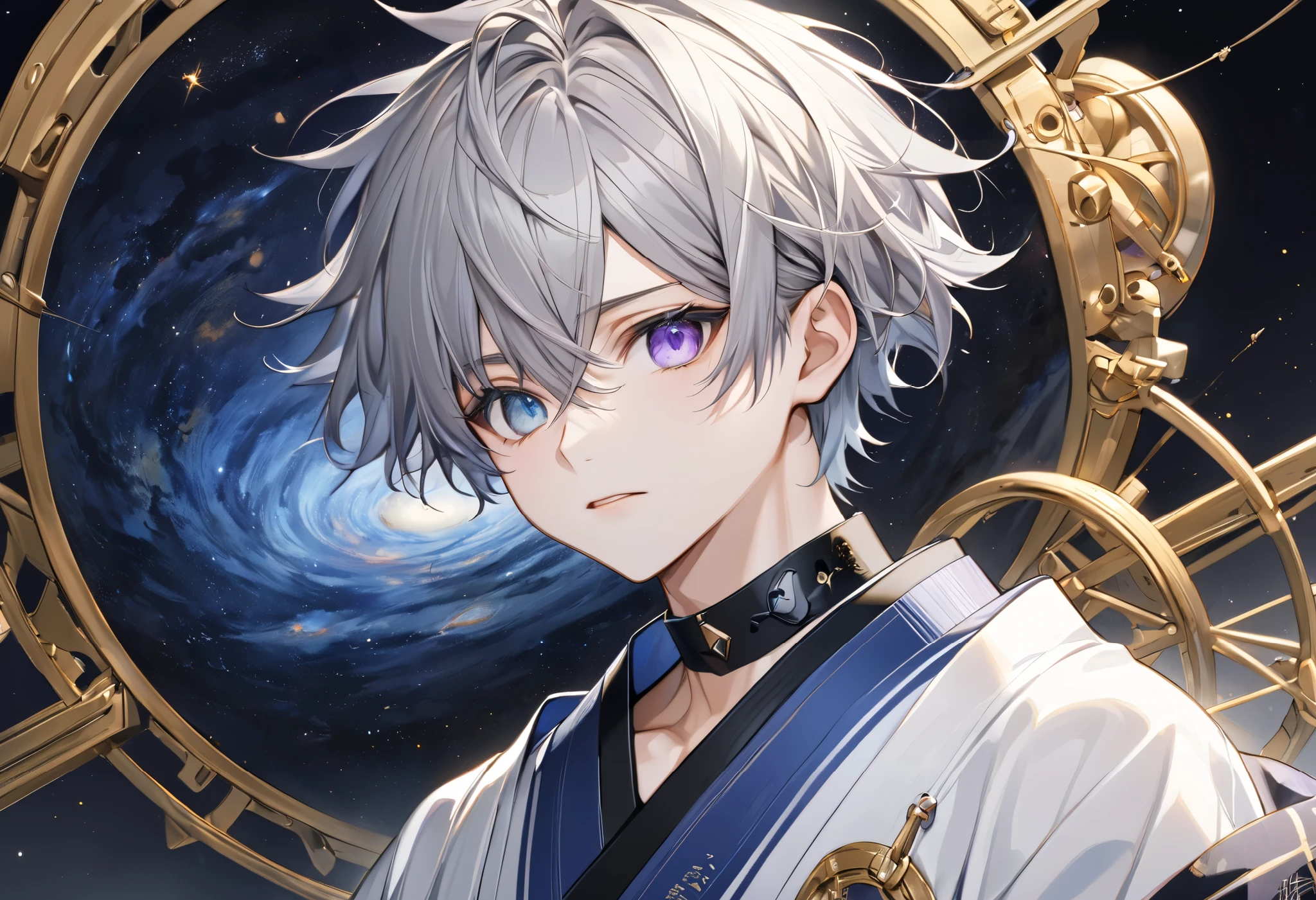  fresh illustration ,
Superfine painting,
 very delicate illustration ,
 Very fine details ,
Picture of only one boy ,
Height: 158cm,
 white skin,
complete iris heterochromia where the right eye is purple and the left eye is blue,
 beautiful eyes,
 large black pupils ,
 shorthair ,
Gray Hair,
 hair roots are bluish ,
 hair has gradation ,
 shiny hair with makeup,
Beautiful and cute face,
 since age 27,
There is a small shiny rear wheel on top of my head,
 raised eyebrows ,
 and is wearing a kimono on the upper body in kimono,
Masculine physique,
 six pack,
 Super Skinny,
No boobs,
The color of the belt is black ,
Overall white clothes ,
 tastefully embroidered with gold thread ,
 fine fabric clothing ,
Isometric,
Golden Ratio,
god々 like atmosphere,
 wearing blue colored padded collar innerwear ,
 outer space ,
Milky Way,
Little Star々 upper body ,
 tactical use of shadows ,
 The ring on the head does not extend beyond the angle of view,
Hair doesn't stick out of the angle of view ,
 Bust Shots,