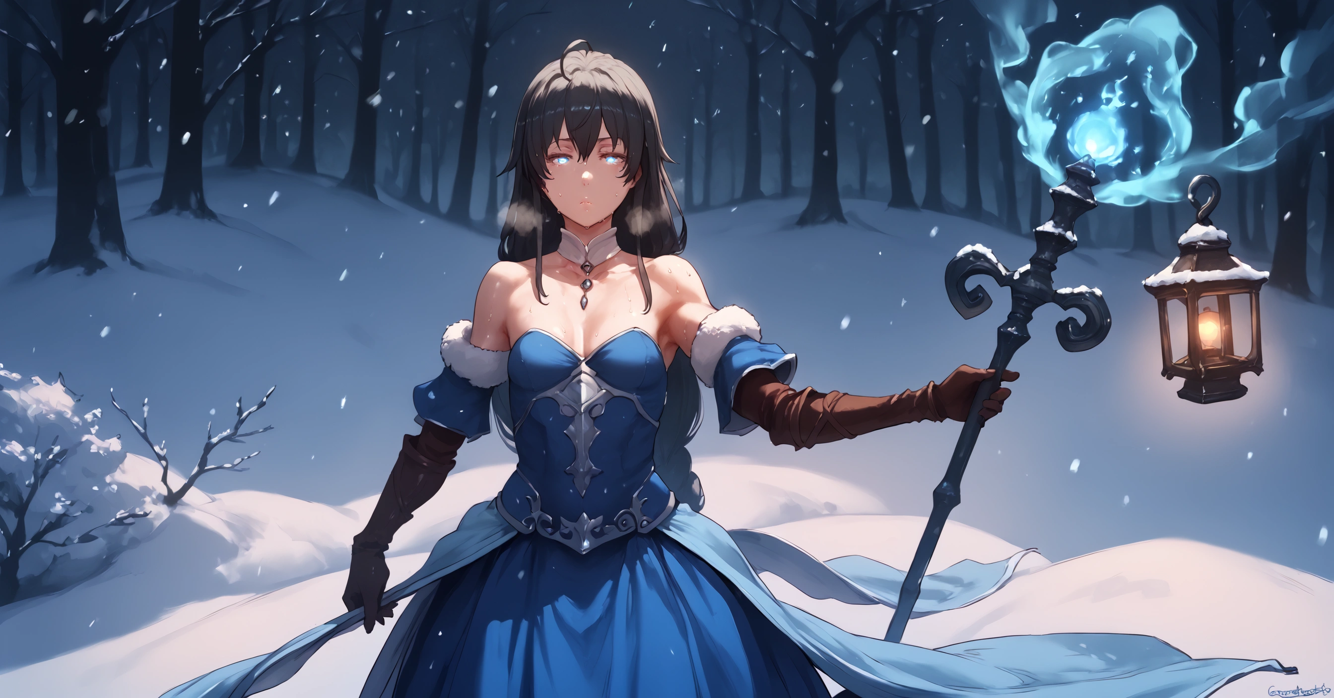(cutesexyrobutts style:0.8), (neisan style:0.7), asura style, score_9, score_8_up, score_7_up, score_6_up, uncensored, yukino yukinoshita, black hair, blue eyes, long hair, ahoge, hollow eyes, (small breasts:1.3), BREAK detailed eyes, (perfect hands, perfect anatomy), detailed eyes, (perfect hands, perfect anatomy), (skindentation:1.2), excessive sweating, sweating profusely, sweating drop, (gasping, heavy breathing:1.2), (glow effect:1.2), beautiful detailed eyes, beautiful detailed lips, extremely detailed face and portrait, elegant expression, soft warm lighting, volumetric lighting, cinematic composition, detailed environment, lush garden, vibrant colors, intricate details, masterpiece, high resolution, digital painting, excessive sweating, sweating profusely, sweating drop BREAK, 1girl, solo, breasts, holding, staff, dress, holding_staff, snow, gloves, bare_shoulders, cleavage, elbow_gloves, looking_at_viewer, snowing, outdoors, lantern, blurry_background, blue_dress, closed_mouth, jewelry, weapon, strapless_dress, tree, strapless, holding_weapon, bright pupils, half-closed eyes, (aura:1.3) , magic, fantasy, (dusty1.3), (Spotlight:1.3), bokeh,