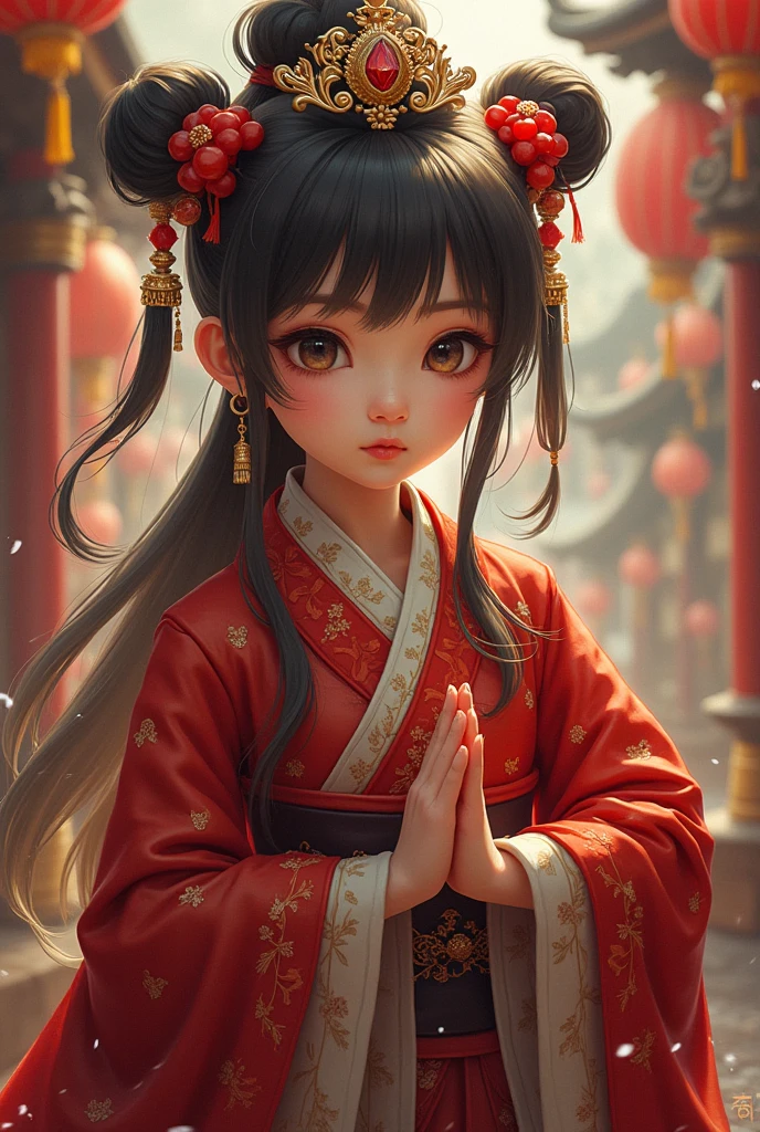 There was a little 4-year-old girl wearing a white dress，Sit on the ground with your hands folded，She wears beautiful black Buddha beads around her neck, Delicate little hands，He wears small white flowers on his head，Palace ， A little girl in a white Hanfu,Sit on the ground with your hands folded，Sincere prayers for Chinese girls, Wearing ancient Chinese clothes, China Princess, yanjun cheng, Young Asian girl, Chinese traditional, Hanfu, Chinese costume, young cute wan asian face, inspired by Wu Bin, Princesa chinesa antiga, Traditional Chinese clothing