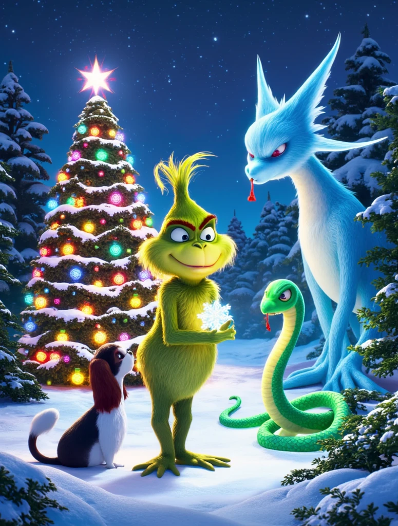 A vibrant and magical cover illustration featuring the main characters: the Grinch, a Cavalier King Charles Spaniel puppy (black and white with reddish eyebrows), a shimmering green snake with elegant scales, and a majestic ice dragon with glowing blue eyes and icy scales. The scene is set in a snowy forest under a starry night sky, with a decorated Christmas tree in the background glowing warmly. The Grinch is portrayed with a softened, mischievous expression, holding a glowing snowflake. The puppy stands courageously in the foreground, the snake is coiled gracefully nearby, and the dragon stands tall in the background, wings slightly spread. The art style is inspired by the animated movie The Grinch by Illumination Entertainment, featuring whimsical textures, vibrant colors, and a playful yet enchanting atmosphere.