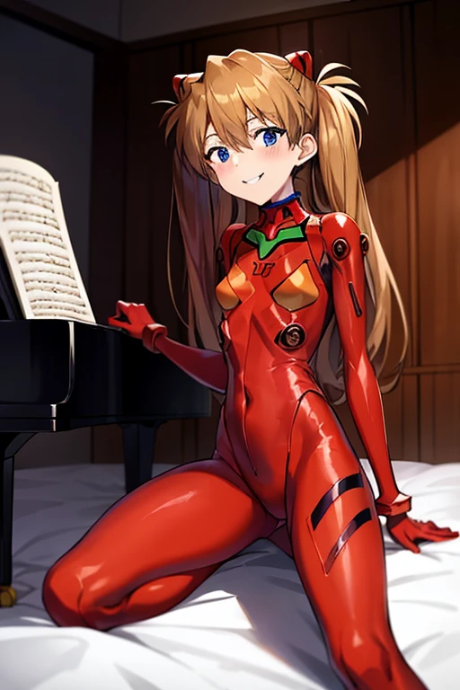 (( top quality )), ((masterpiece)), (be familiar with), perfect face, indoor, bedroom,  Watching Viewers ,
One woman,  Soryu Asuka Langley ,
開いた口,  ecstatic expression beside the piano, blush, smile,
 small tits,  flat chest, Young girl, Lori,  s,  girl,
 long hair,  twin tails,
Leg spread,