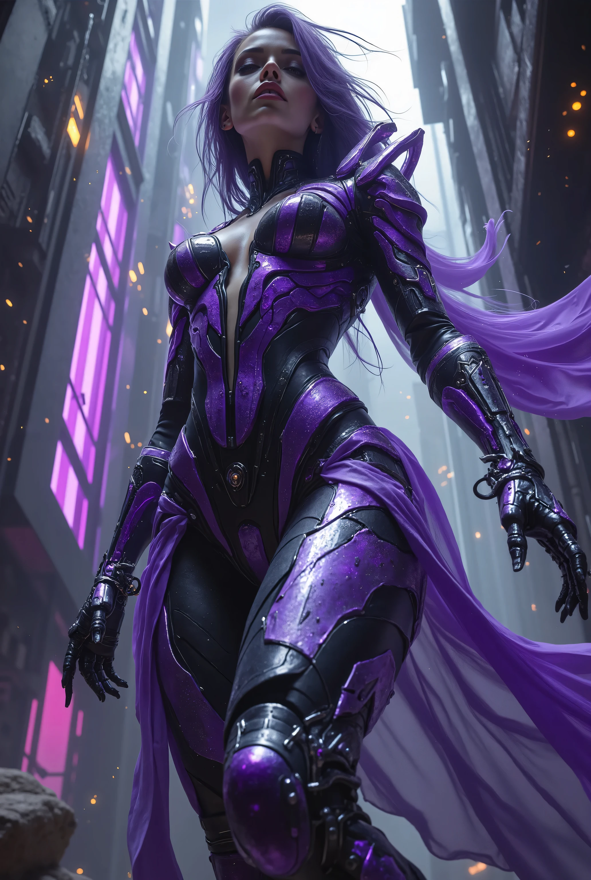 a dark fantasy cyberpunk android woman, 1 girl, highly detailed, hyper realistic, masterpiece, 8k, photorealistic, beautiful detailed eyes, beautiful detailed lips, extremely detailed face, long eyelashes, long white hair, shawl, black coat, glowing purple eyes, expressionless, mecha long skirt, holding a weapon, beautiful necromancer, dark cloaked necromancer, beautiful death, dark witch character, (black purple:1.1), studio lighting, professional, vivid colors, physically-based rendering, extreme detail description