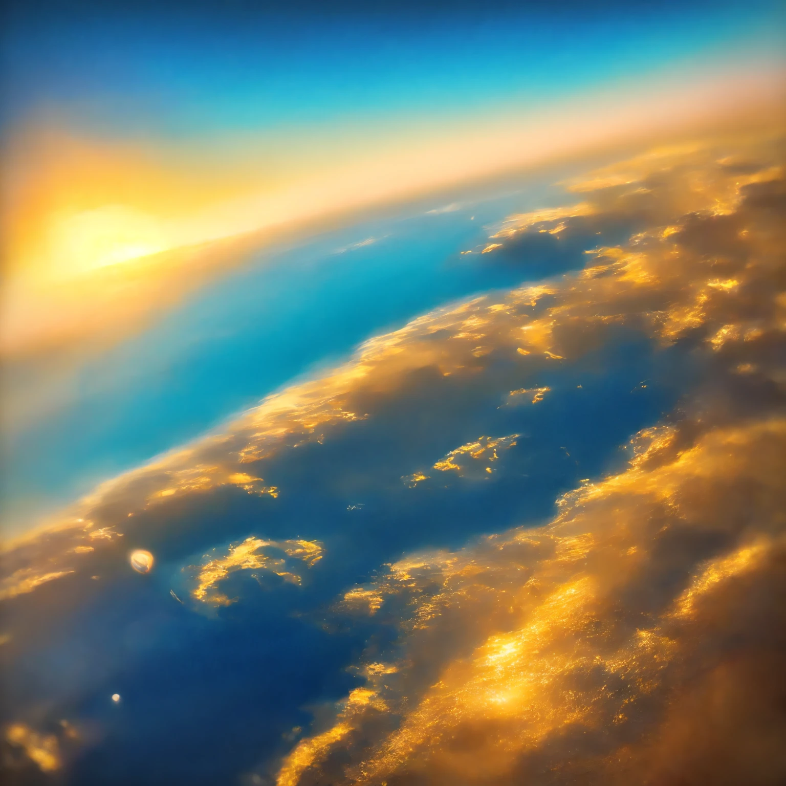 8K quality,(masterpiece:1.3), top quality , detailed images,unmanned, Above the Clouds(A planet made of one water is floating),(universe, golden gradation,Sunset gradation).