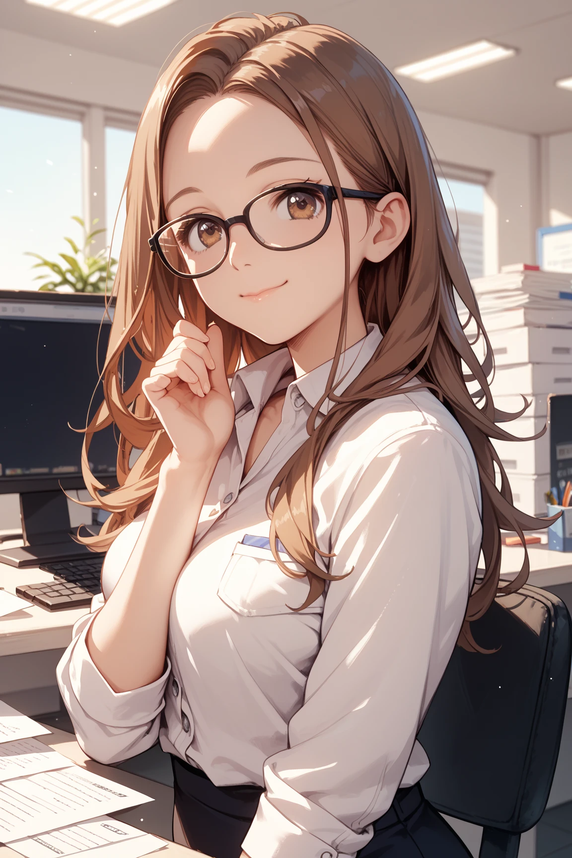 (masterpiece), (best quality), (high resolution), from front, 1girl, office, brown hair, long hair, forehead, straight hair, happy, brown eyes, closed mouth, office lady, glasses, standing