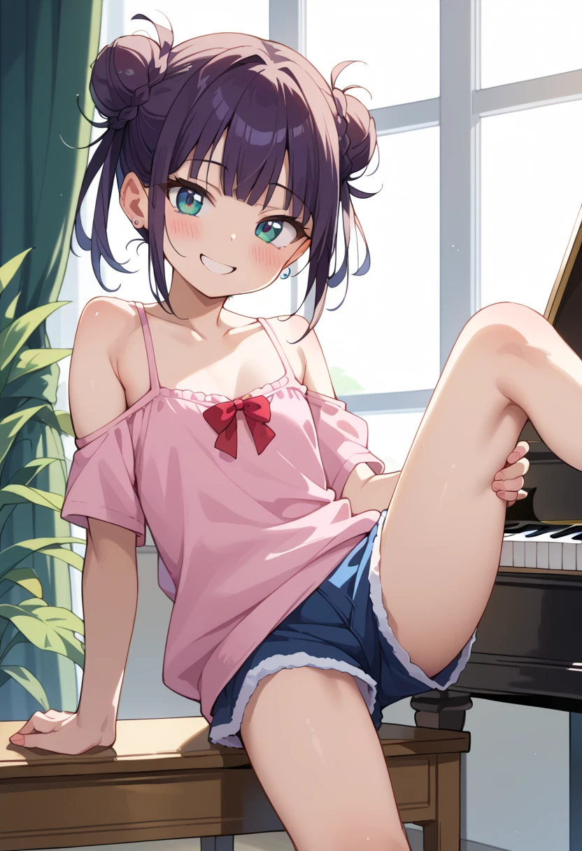 (( top quality )), ((masterpiece)), (be familiar with), perfect face, indoor, bedroom,  Watching Viewers ,
One woman, I was,
開いた口,  ecstatic expression beside the piano, blush, smile,
 small tits,  flat chest, Young girl, Lori,  s,  girl,
 long hair,  twin bun hair ,
Leg spread,