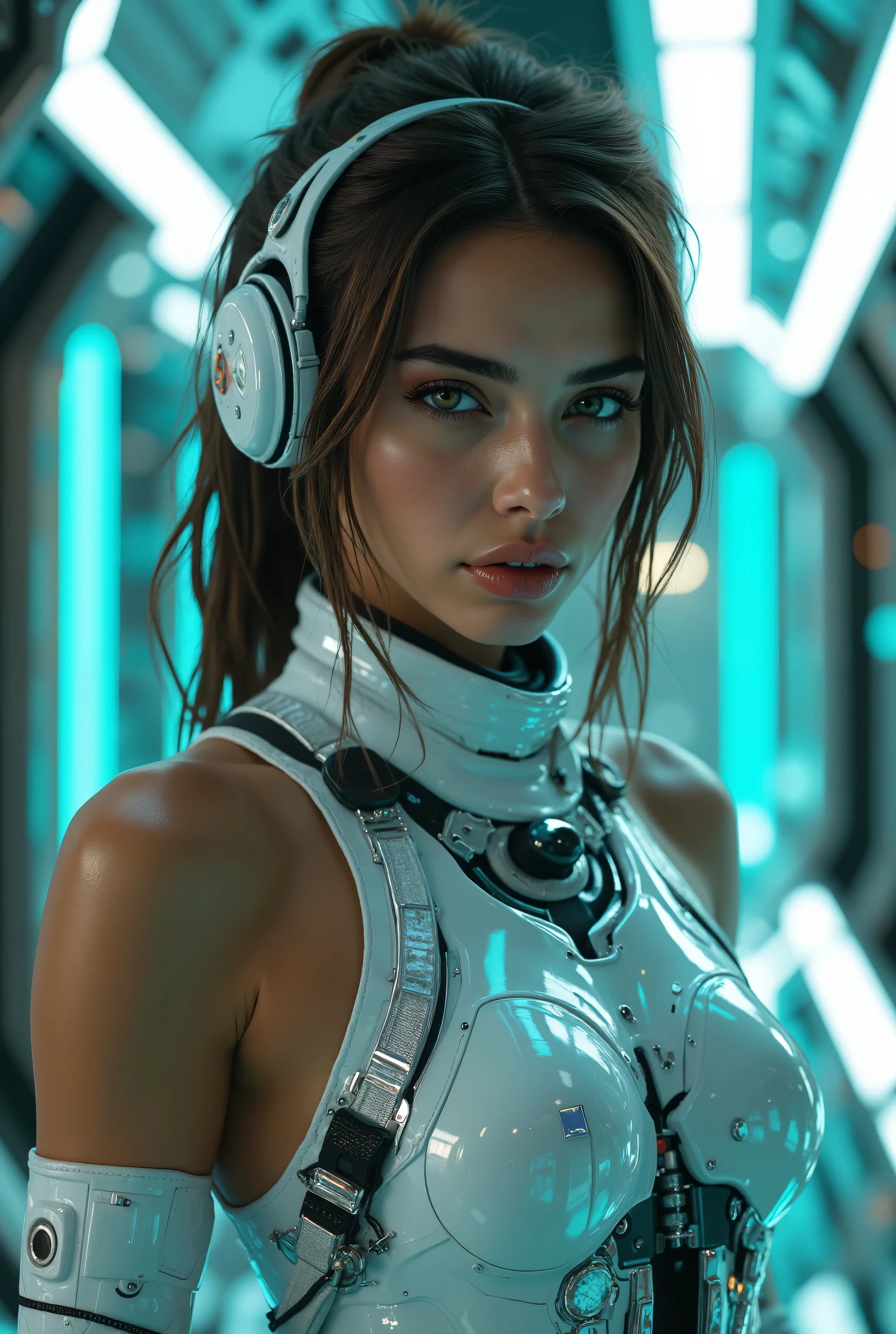 Breathtaking Beauty, Perfect Composition , is standing, Sharp Focus, proper placement, Golden Ratio, high definition, top quality, EXQUISITE RESOLUTION, super detailed, masterpiece, Photo realistic, 32k resolution, beautiful French woman, (Mature Skinny mixed Arabian Woman:1.331), Futuristic Fashion, fashion portrait, top quality, realistic, (iridescent ceramic sports underwear), (Reinforced Plastic_ceramic_A complex fusion of leather:1.37), White ceramic harness, (Minimal Surface Area:2.0), Intricately Engineered Turquoise Harnesses, thong panties, complex joints, Complex shoulder harness, headgear, Intricate and futuristic accessories, Reflective surface, Calm expression, Graceful Posture, The beauty of minimalism, Advanced Technology, A harmonious posture, Amazing Complexity, COMPLETE ANATOMY, Has a Small Head, Brown Hair, straight hair, sweaty body, detailed face, Delicate, realistic oily skin texture, Inside a neon colored spaceship, Dynamic Emotional Cinematic Light, cool model posing, (photo taken from below:1.2)