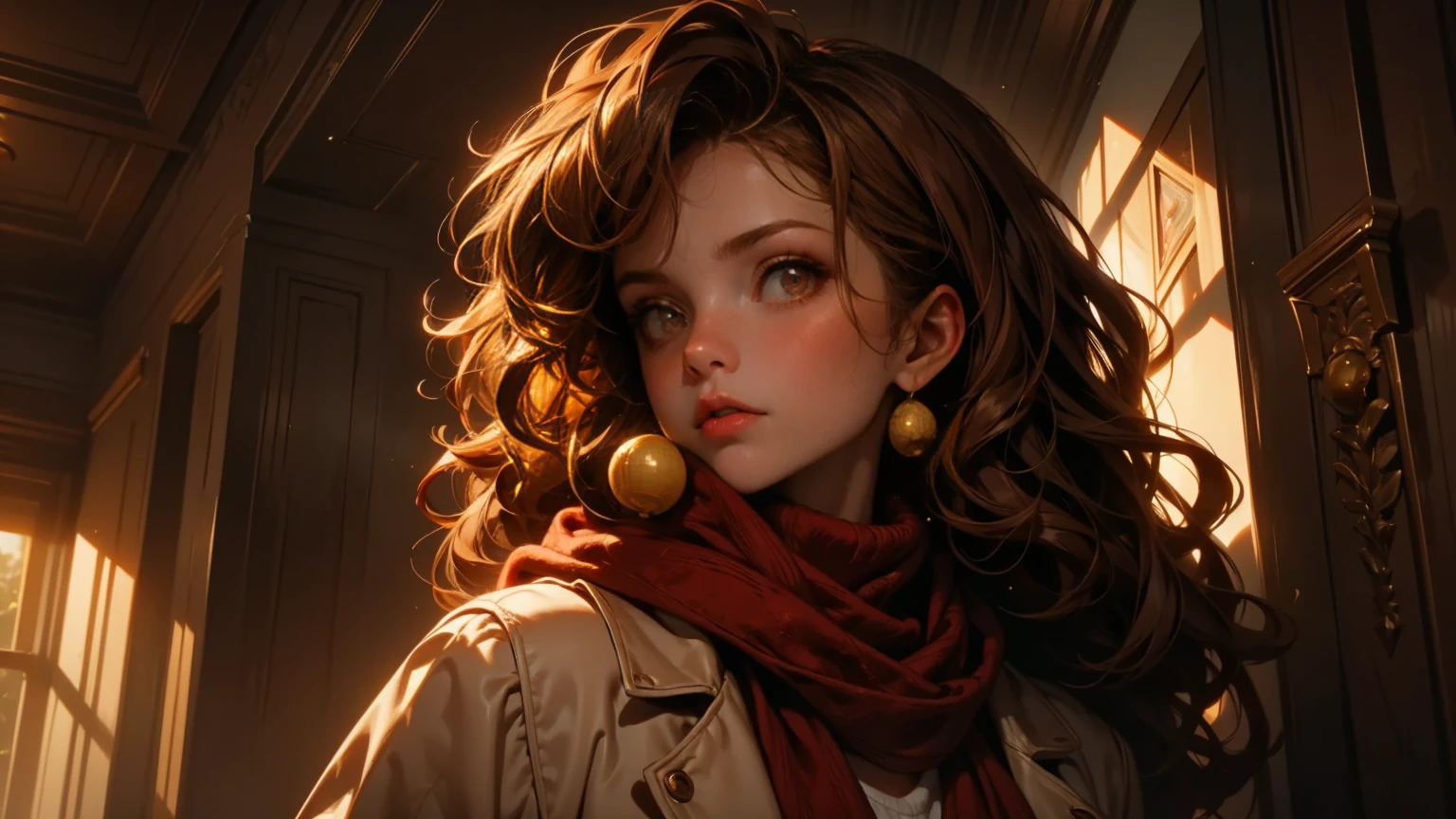 A girl, 1 girl,modern,She wore a brown turtleneck sweater, topped with a beige coat, paired with high-waisted jeans and white sneakers. A red-brown scarf was draped around her neck. Her hair fell naturally, the curly locks catching the light from the colorful bulbs, reflecting a warm reddish-brown hue. curly hair, chest-length, dark brown with reddish undertones;.Skin: Honey-brown, smooth complexion.Face: Lightly angular face, high cheekbones, slender jawline.Eyes: Almond-shaped, dark brown, with naturally thick and curled lashes.Nose: Straight with a slightly pointed tip.Mouth: Full lips with a slight upward curve at the corners