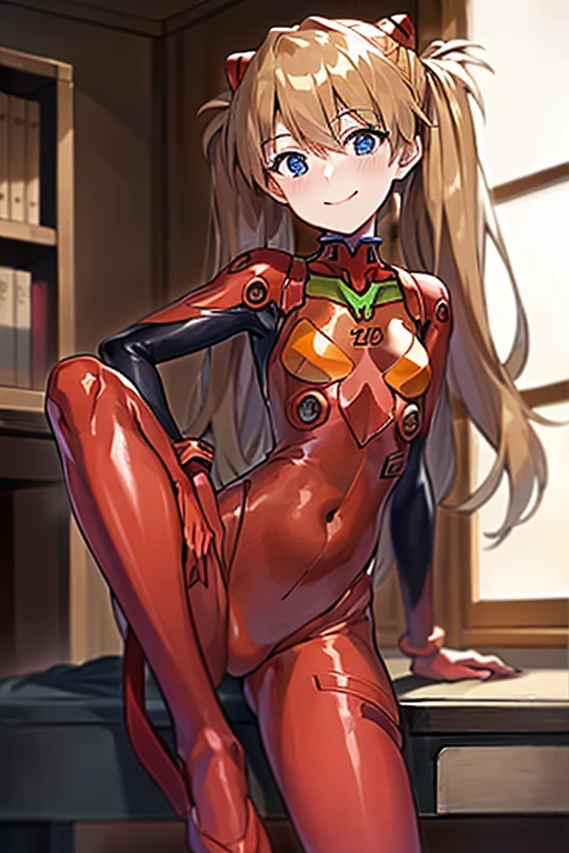 (( top quality )), ((masterpiece)), (be familiar with), perfect face, indoor, bedroom,  Watching Viewers ,
One woman,  Soryu Asuka Langley ,
開いた口,  ecstatic expression beside the piano, blush, smile,
 small tits,  flat chest, Young girl, Lori,  s,  girl,
 long hair,  twin tails,
Leg spread,