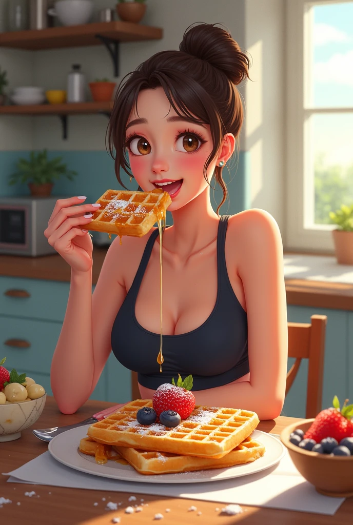 Pancakes, chubby woman, bed, pink butterfly, 4, short hair, 