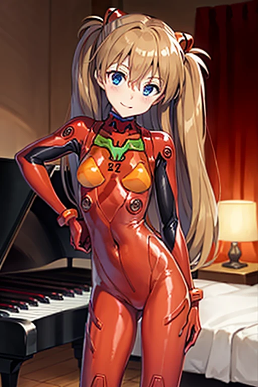 (( top quality )), ((masterpiece)), (be familiar with), perfect face, indoor, bedroom,  Watching Viewers ,
One woman,  Soryu Asuka Langley ,
開いた口,  ecstatic expression beside the piano, blush, smile,
 small tits,  flat chest, Young girl, Lori,  s,  girl,
 long hair,  twin tails,
Leg spread,