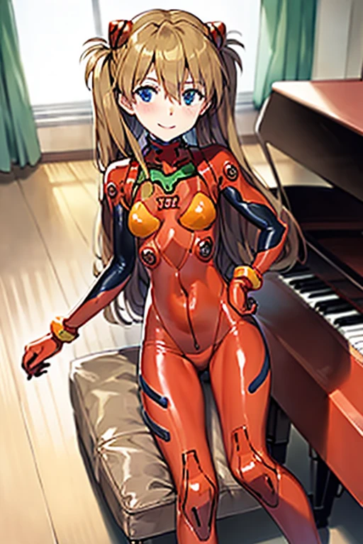 (( top quality )), ((masterpiece)), (be familiar with), perfect face, indoor, bedroom,  Watching Viewers ,
One woman,  Soryu Asuka Langley ,
開いた口,  ecstatic expression beside the piano, blush, smile,
 small tits,  flat chest, Young girl, Lori,  s,  girl,
 long hair,  twin tails,
Leg spread,